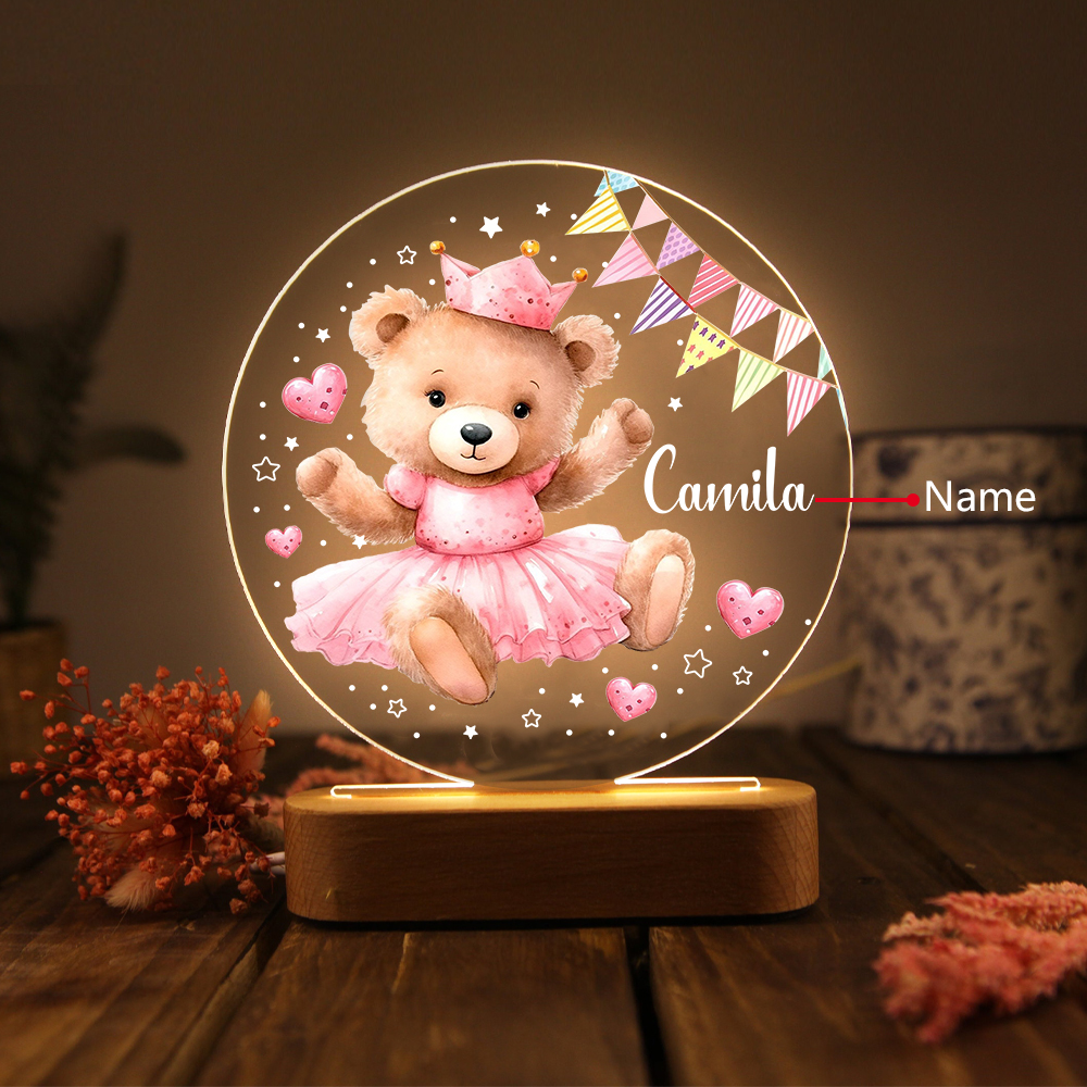 Personalised Name Acrylic Night Light Bear LED Lamp with Wooden Base Birthday Gifts for Kids