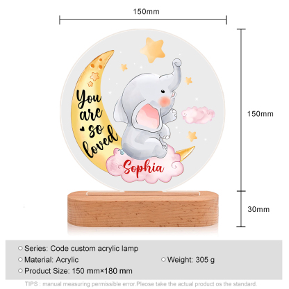 Personalised Name Acrylic Night Light Moon Elephant LED Lamp with Wooden Base Gifts for Kids - You Are So Loved-Jessemade AU