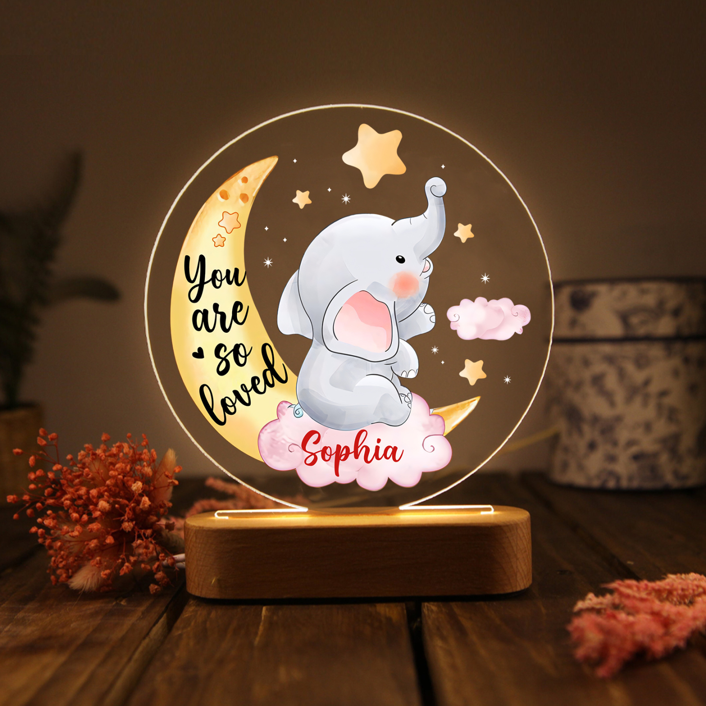 Personalised Name Acrylic Night Light Moon Elephant LED Lamp with Wooden Base Gifts for Kids - You Are So Loved-Jessemade AU
