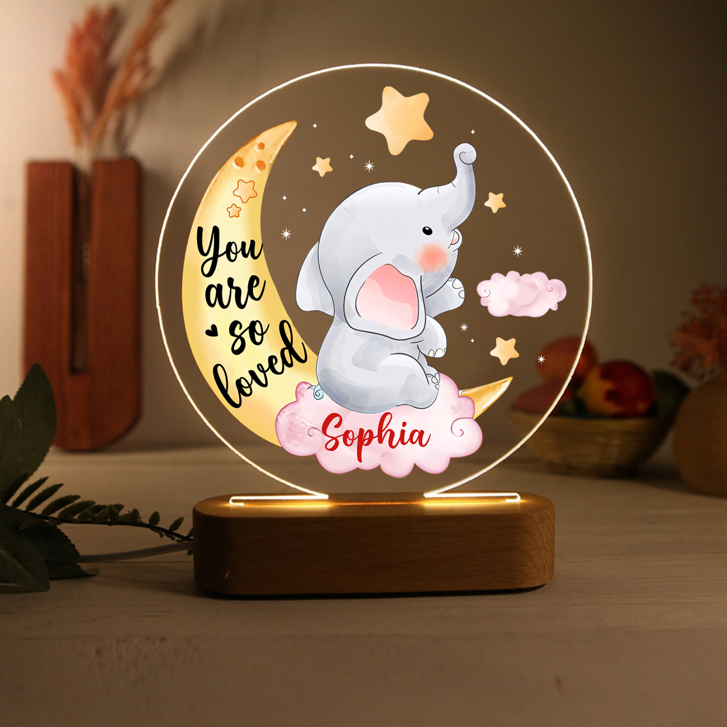 Personalised Name Acrylic Night Light Moon Elephant LED Lamp with Wooden Base Gifts for Kids - You Are So Loved-Jessemade AU