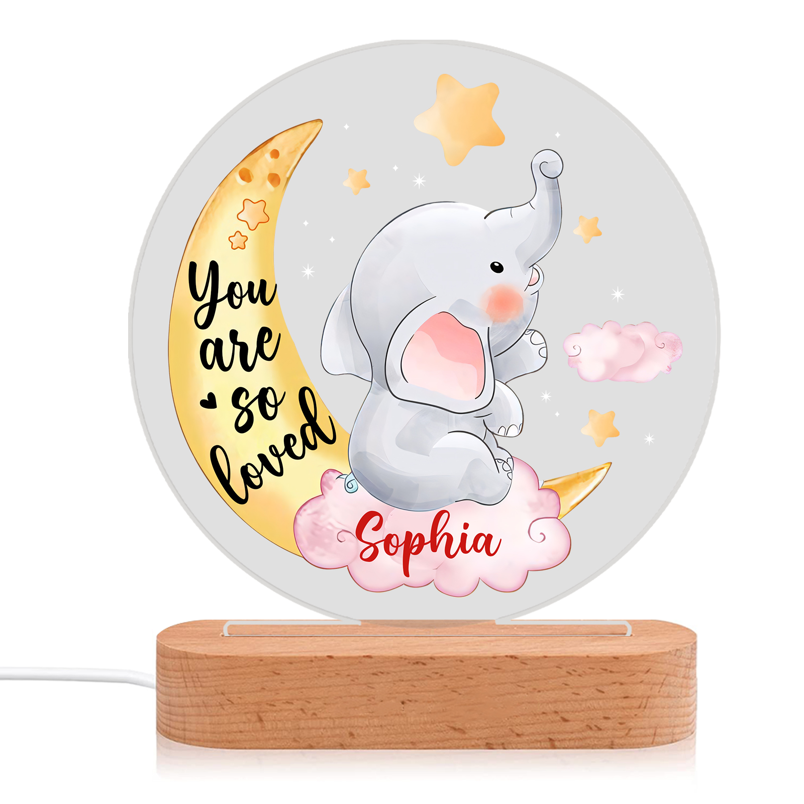 Personalised Name Acrylic Night Light Moon Elephant LED Lamp with Wooden Base Gifts for Kids - You Are So Loved-Jessemade AU