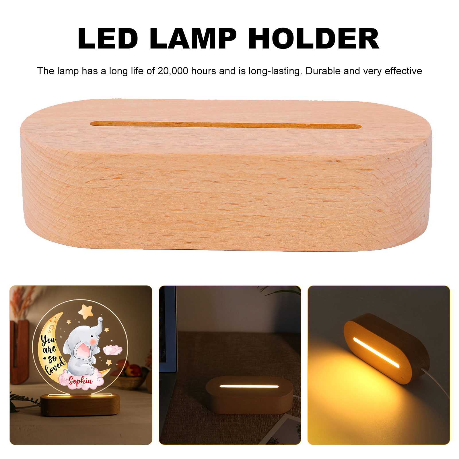 Personalised Name Acrylic Night Light Moon Elephant LED Lamp with Wooden Base Gifts for Kids - You Are So Loved-Jessemade AU