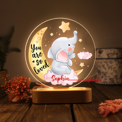 Personalised Name Acrylic Night Light Moon Elephant LED Lamp with Wooden Base Gifts for Kids - You Are So Loved-Jessemade AU