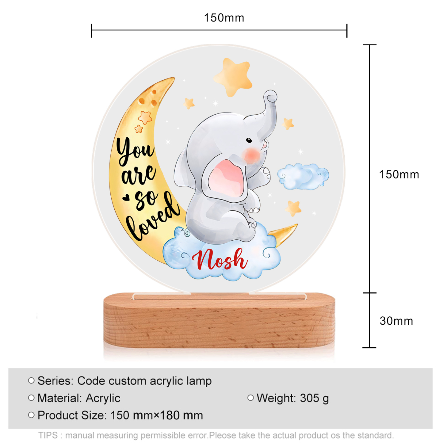 Personalised Name Acrylic Night Light Moon Elephant LED Lamp with Wooden Base Gifts for Kids - You Are So Loved-Jessemade AU