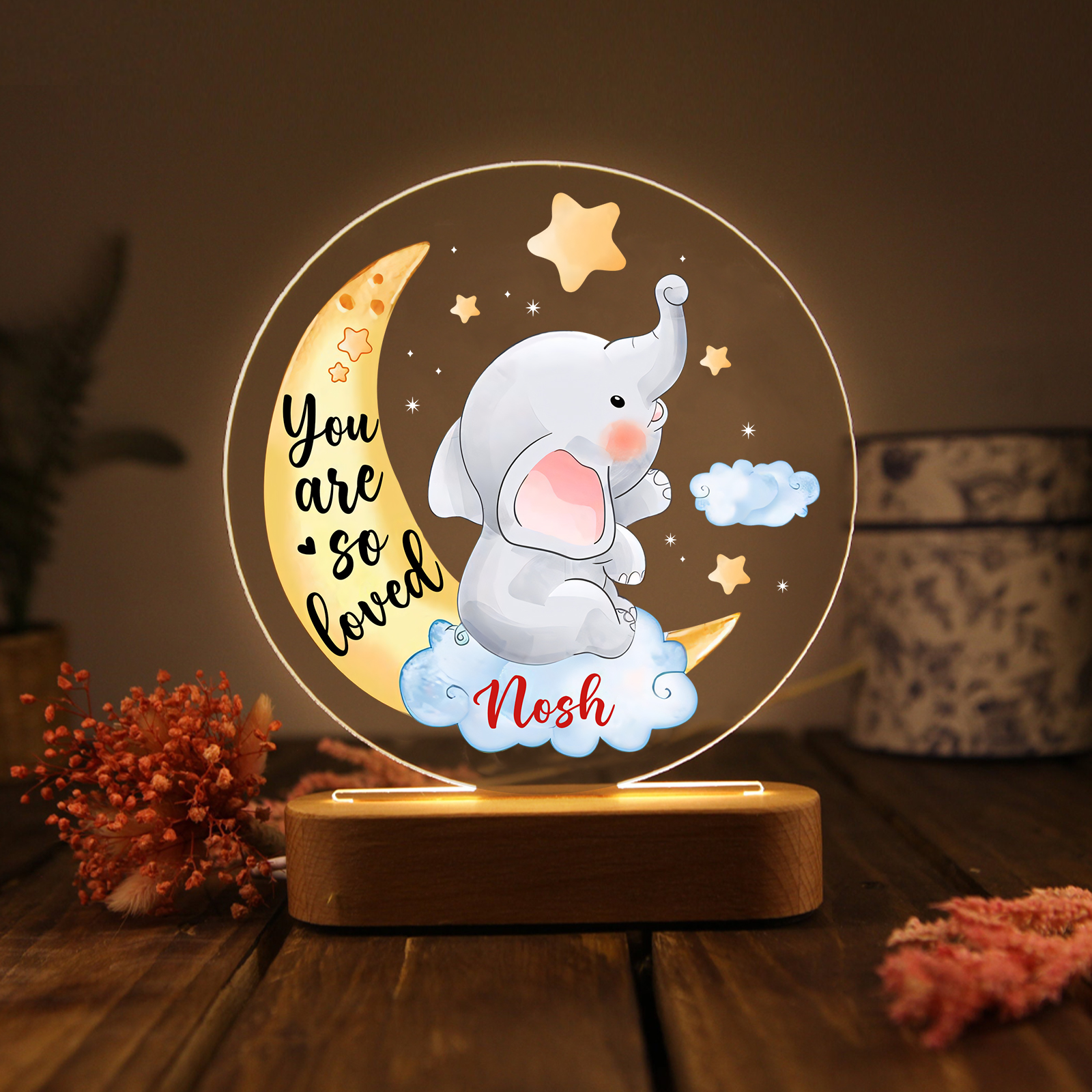 Personalised Name Acrylic Night Light Moon Elephant LED Lamp with Wooden Base Gifts for Kids - You Are So Loved