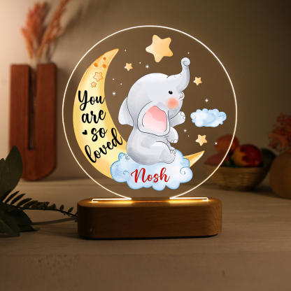 Personalised Name Acrylic Night Light Moon Elephant LED Lamp with Wooden Base Gifts for Kids - You Are So Loved-Jessemade AU