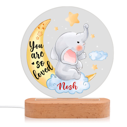 Personalised Name Acrylic Night Light Moon Elephant LED Lamp with Wooden Base Gifts for Kids - You Are So Loved-Jessemade AU