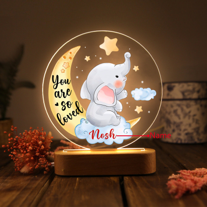 Personalised Name Acrylic Night Light Moon Elephant LED Lamp with Wooden Base Gifts for Kids - You Are So Loved-Jessemade AU
