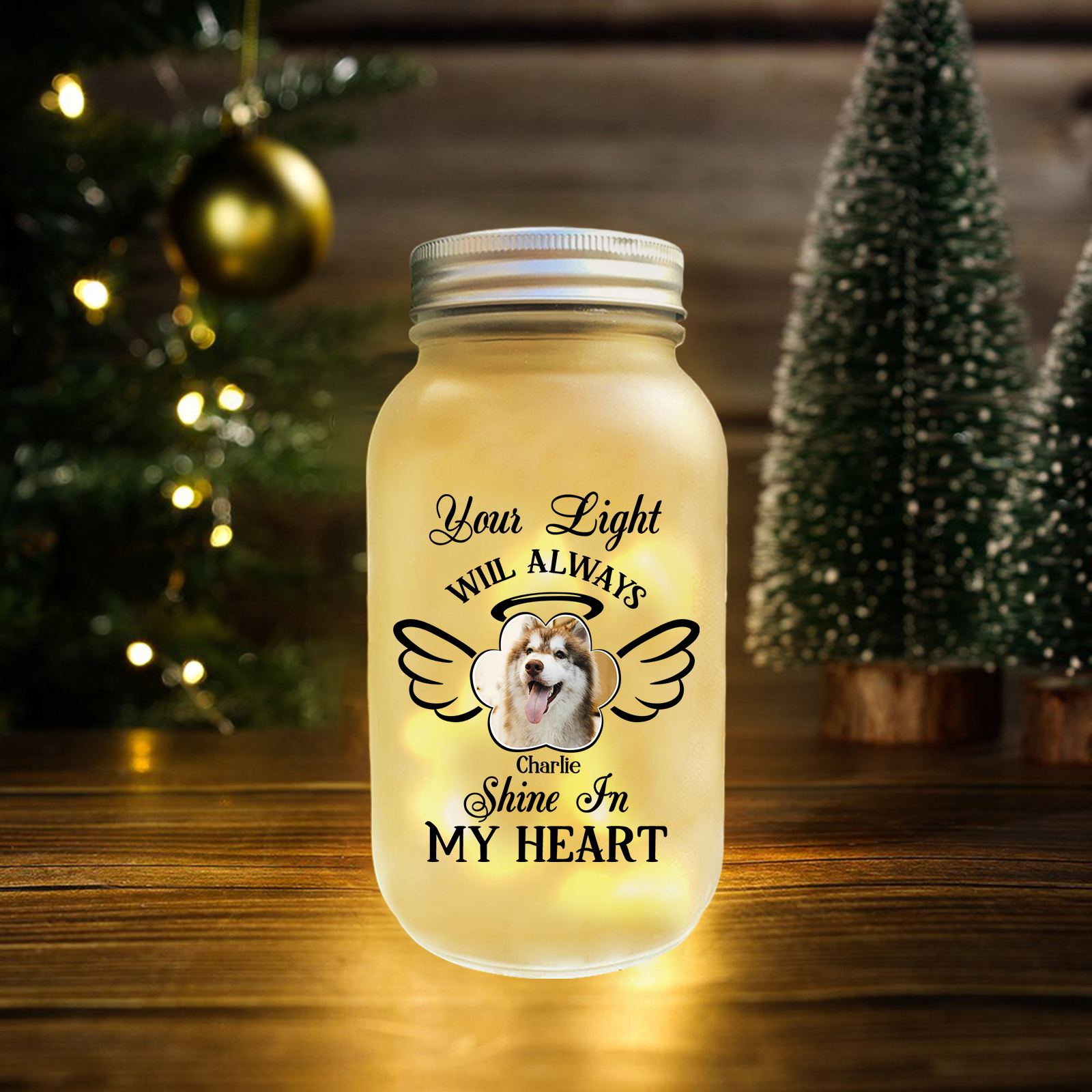 Custom Memorial Jar with Photo Personalised Memorial Gift Bottle Gifts for Pet Lover - Your Light Will Always Shine In My Heart