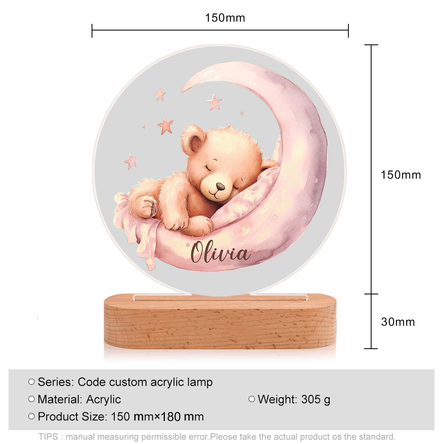 Personalised Sleepy Bear Night Light Custom Name LED for Kids Comfort & Decor-Jessemade AU