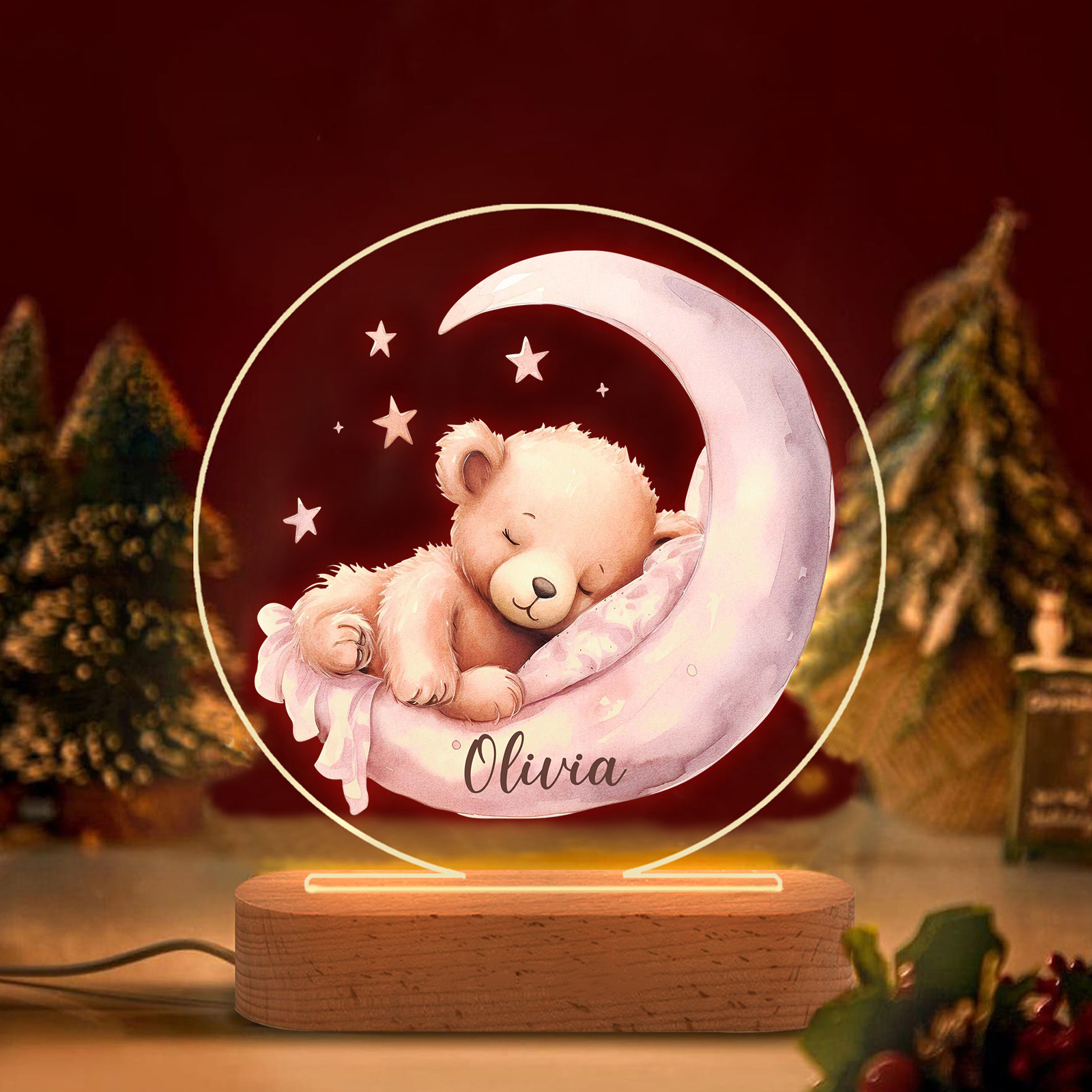 Personalised Sleepy Bear Night Light Custom Name LED for Kids' Comfort & Decor