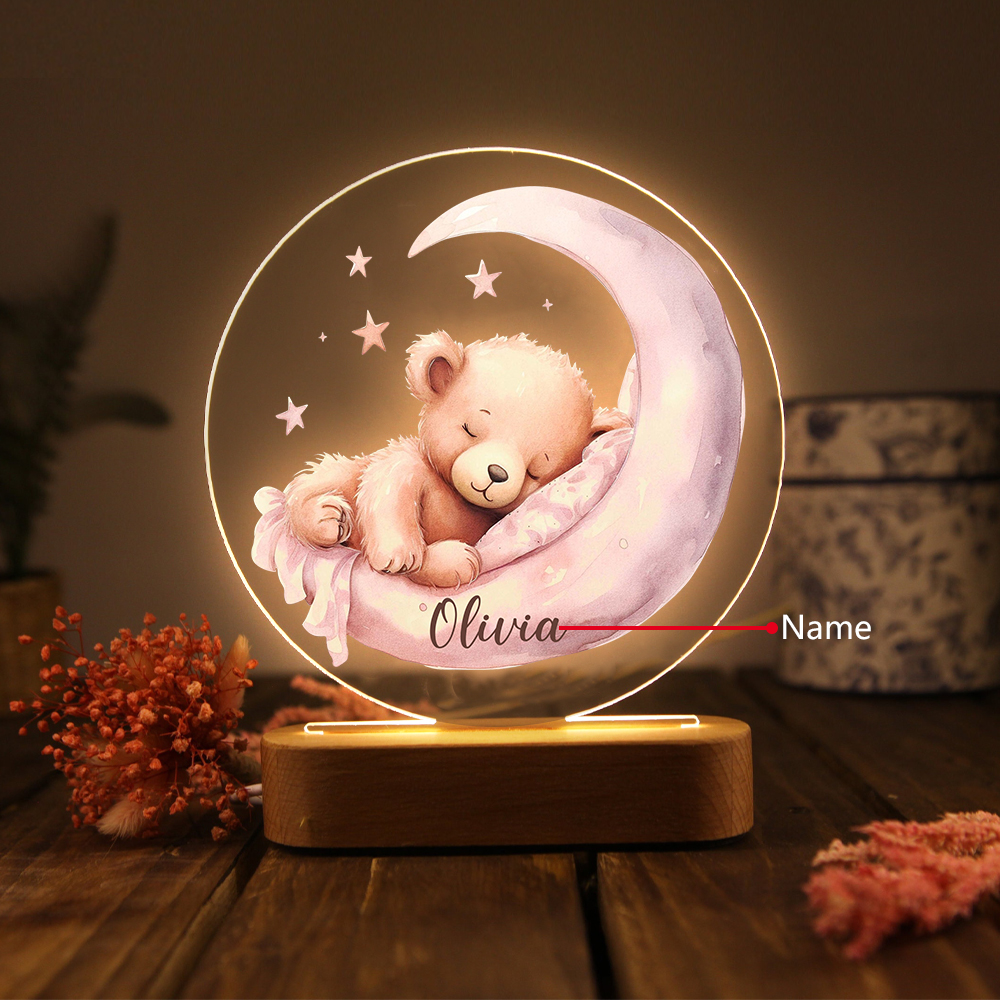 Personalised Sleepy Bear Night Light Custom Name LED for Kids' Comfort & Decor