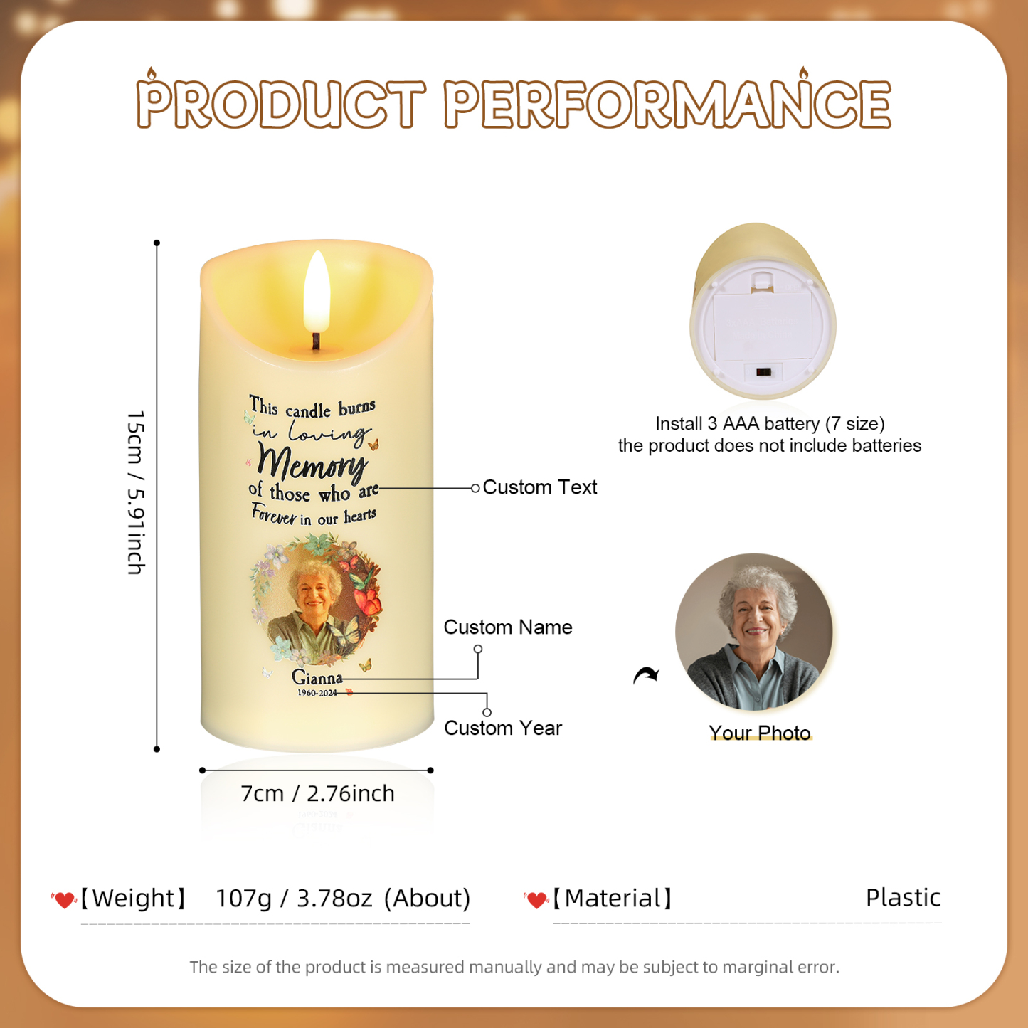 Personalised Memorial Electric Candle with Name, Photo & Date Heartfelt Christmas Tribute