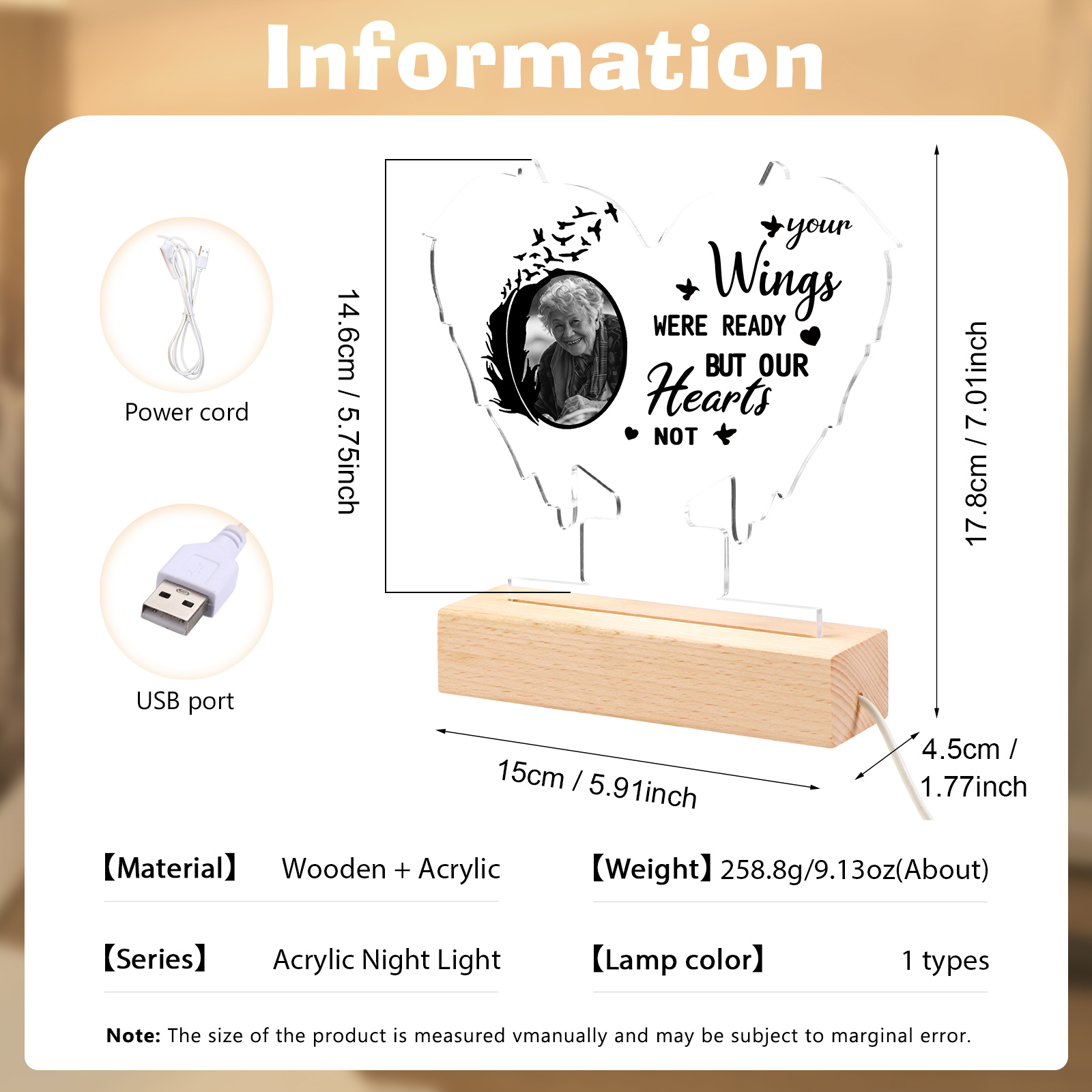 Personalised Memorial Heart Light with Custom Photo A Lasting Tribute in Wing Shape-Jessemade AU