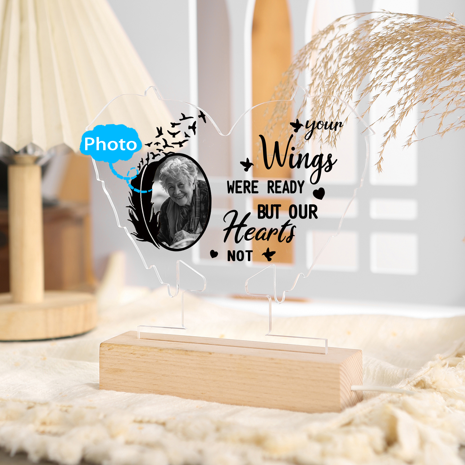 Personalised Memorial Heart Light with Custom Photo A Lasting Tribute in Wing Shape-Jessemade AU