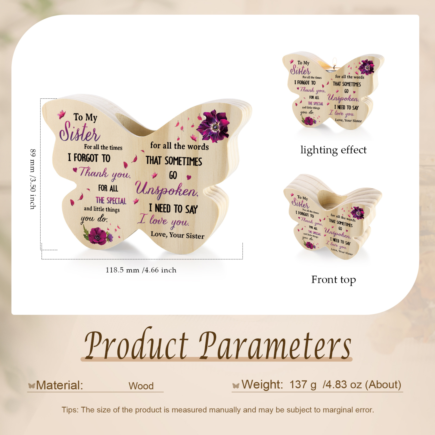 To My Sister Purple Flower Butterfly-Shaped Candle Holder with Heartfelt Message Perfect for Commemorating Special Bonds-Jessemade AU