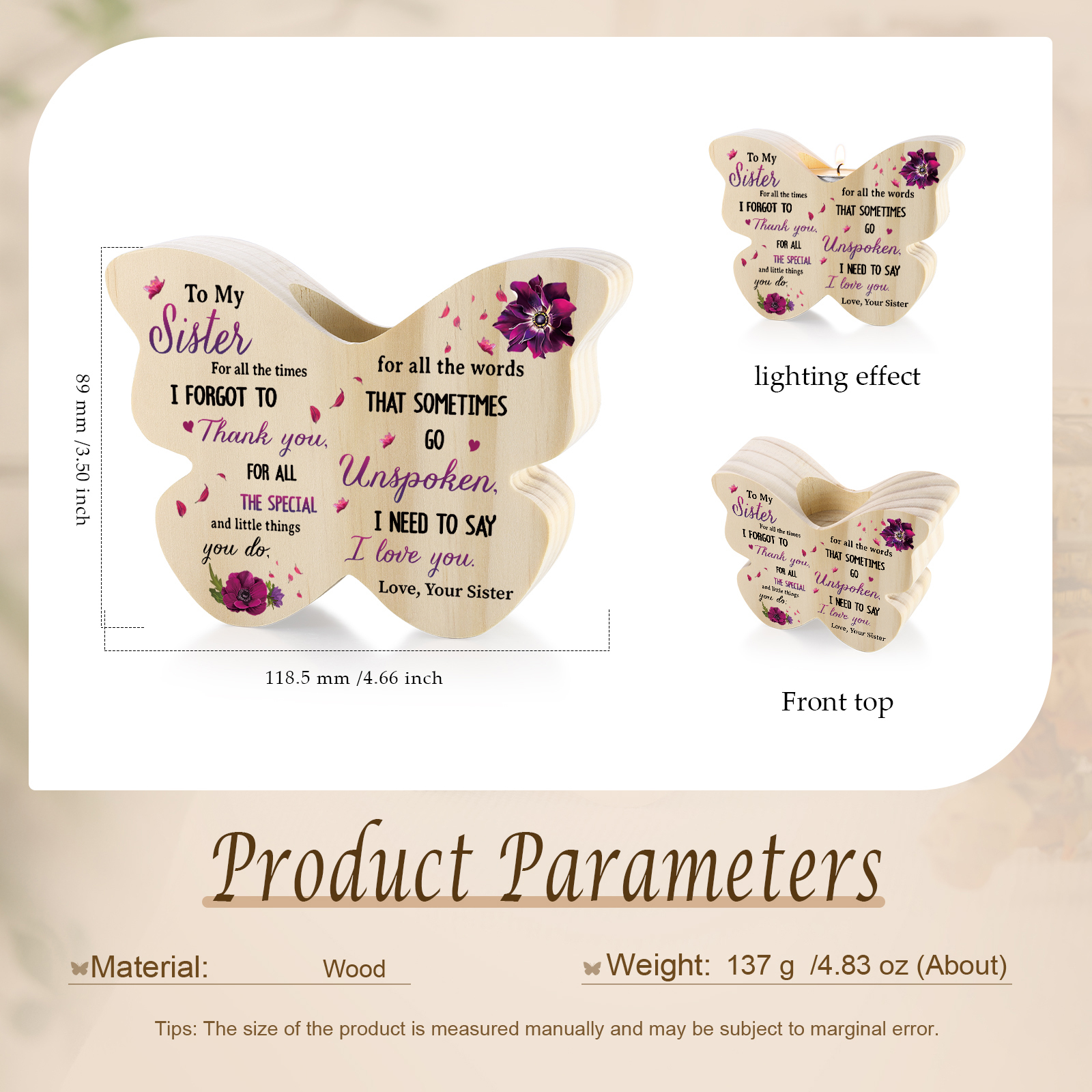 To My Sister Purple Flower Butterfly-Shaped Candle Holder with Heartfelt Message Perfect for Commemorating Special Bonds-Jessemade AU