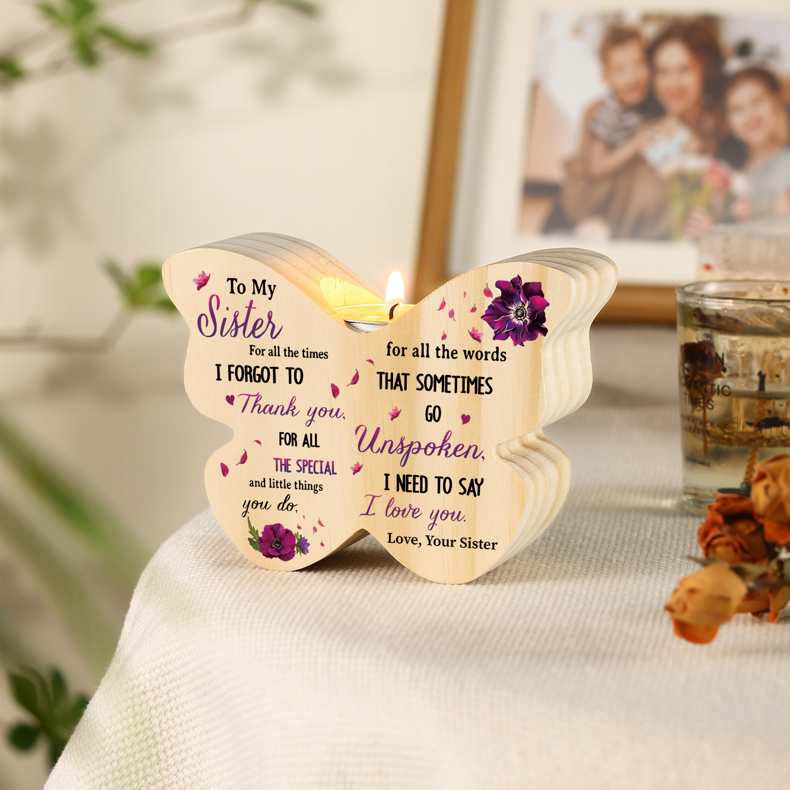 To My Sister Purple Flower Butterfly-Shaped Candle Holder with Heartfelt Message Perfect for Commemorating Special Bonds-Jessemade AU