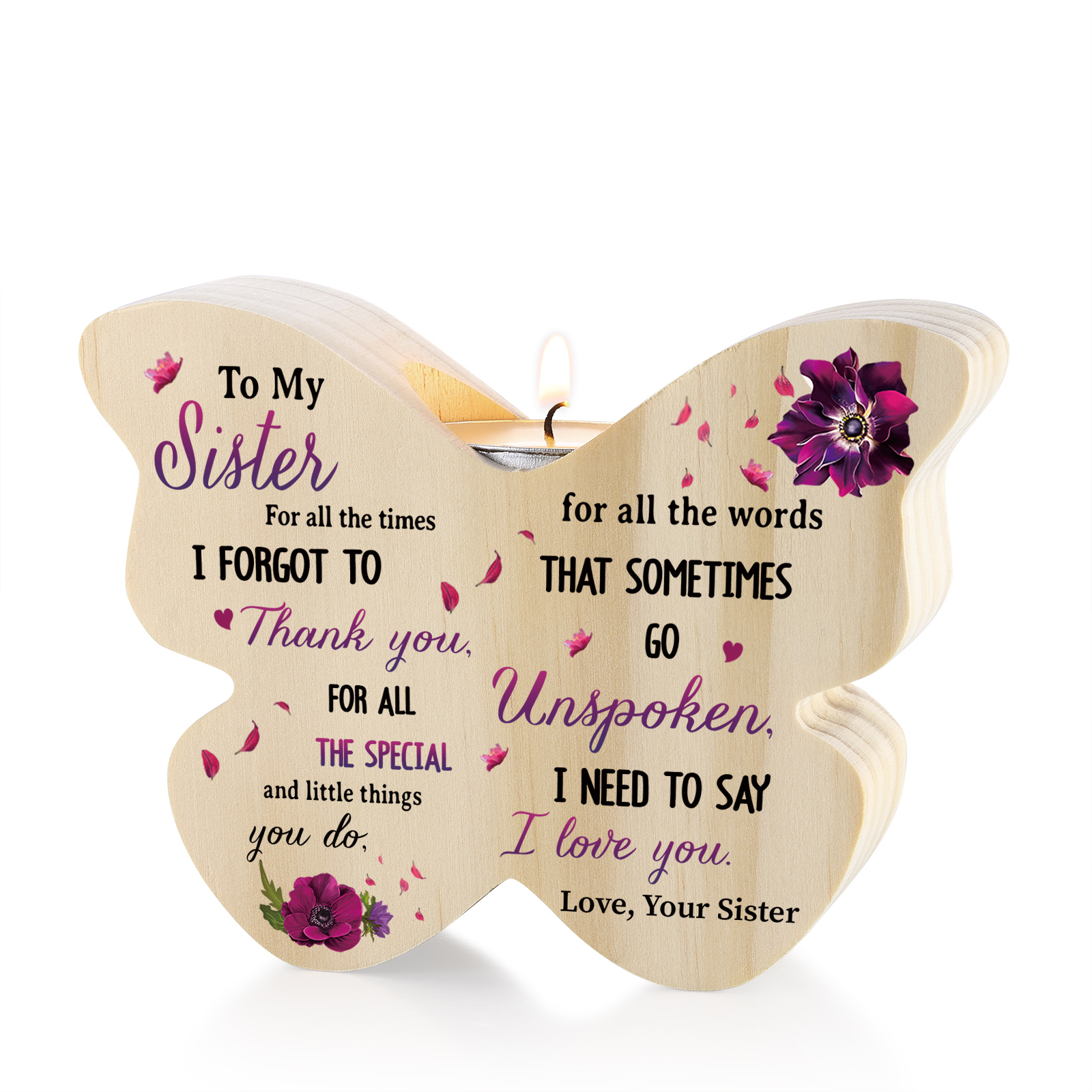 To My Sister Purple Flower Butterfly-Shaped Candle Holder with Heartfelt Message Perfect for Commemorating Special Bonds-Jessemade AU