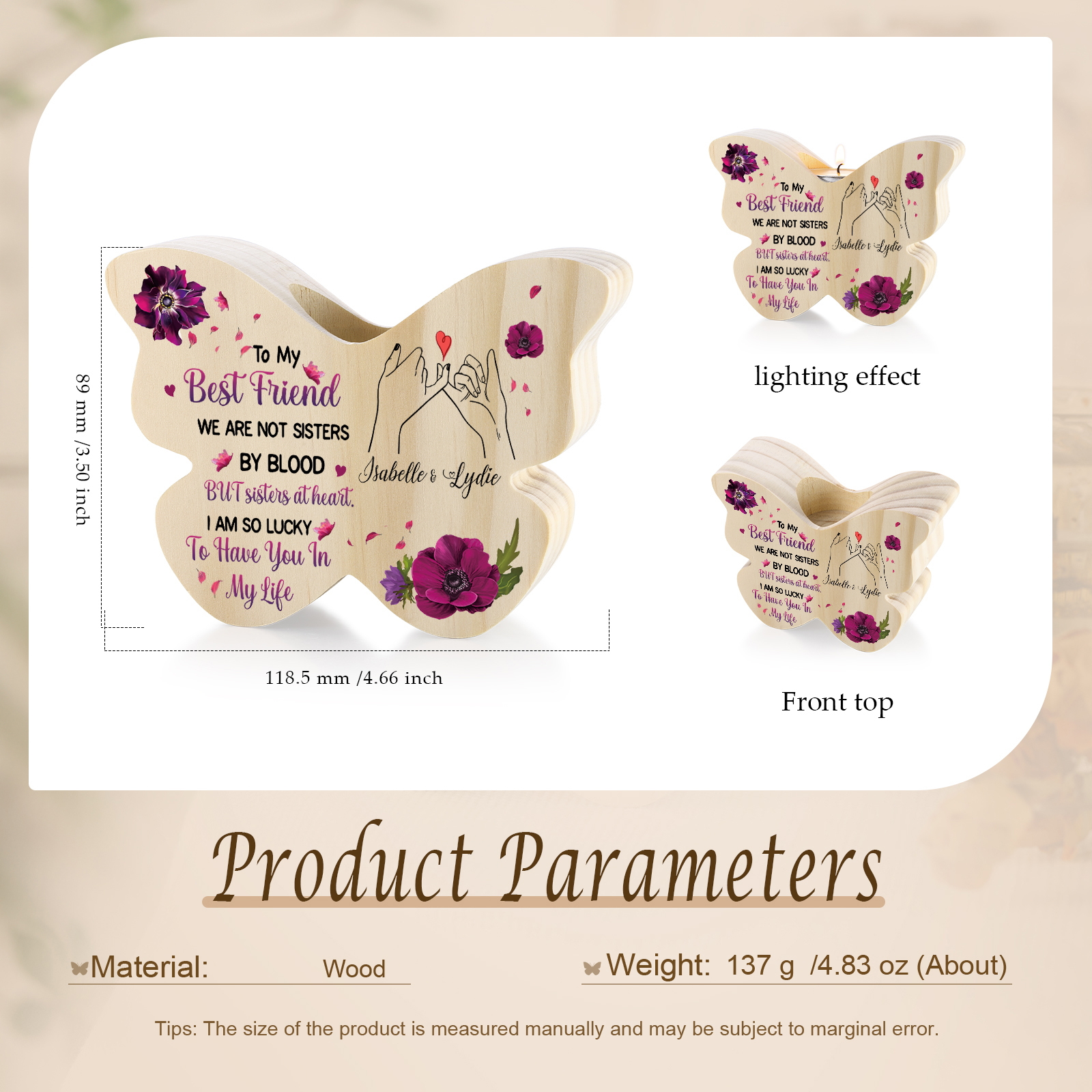 To My Best Friend Pinky Promise Personalised Butterfly Candle Holder with 2 Names Commemorative Friendship Keepsake-Jessemade AU