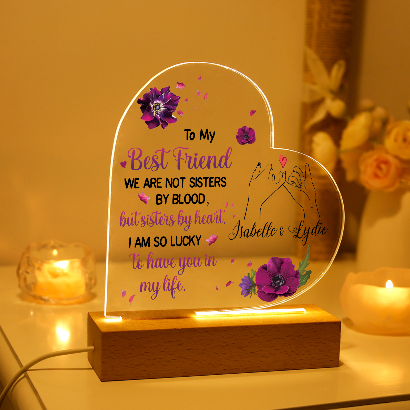Personalised Heart-Shaped Memorial Light with Custom 2 Names Cherished Friendship Keepsake