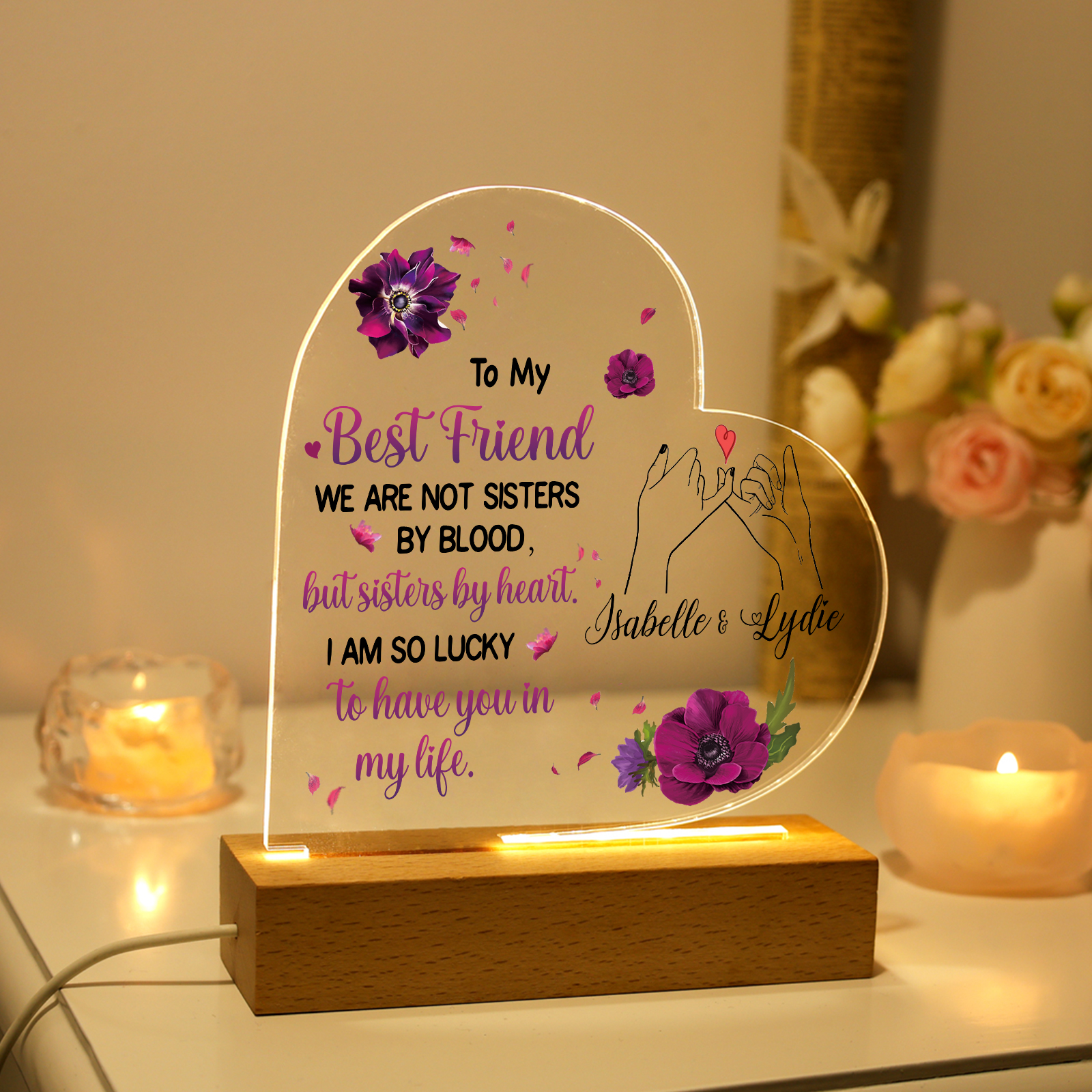 Personalised Heart-Shaped Memorial Light with Custom 2 Names Cherished Friendship Keepsake