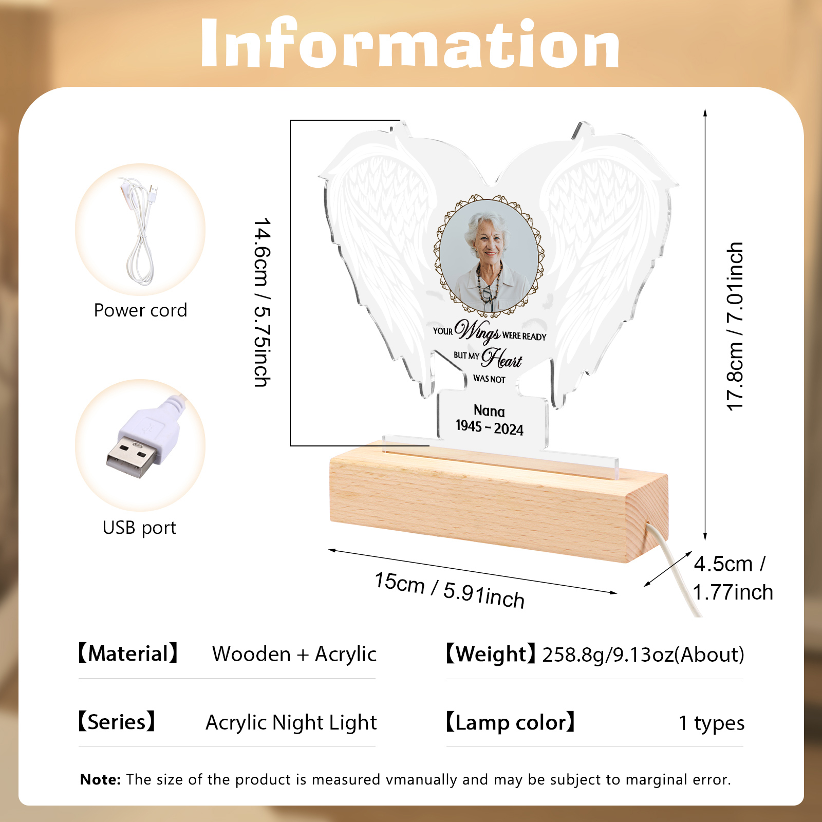 Personalised Memorial Angel Wings Acrylic LED Light with Custom Photo Name & Date A Unique Remembrance-Jessemade AU
