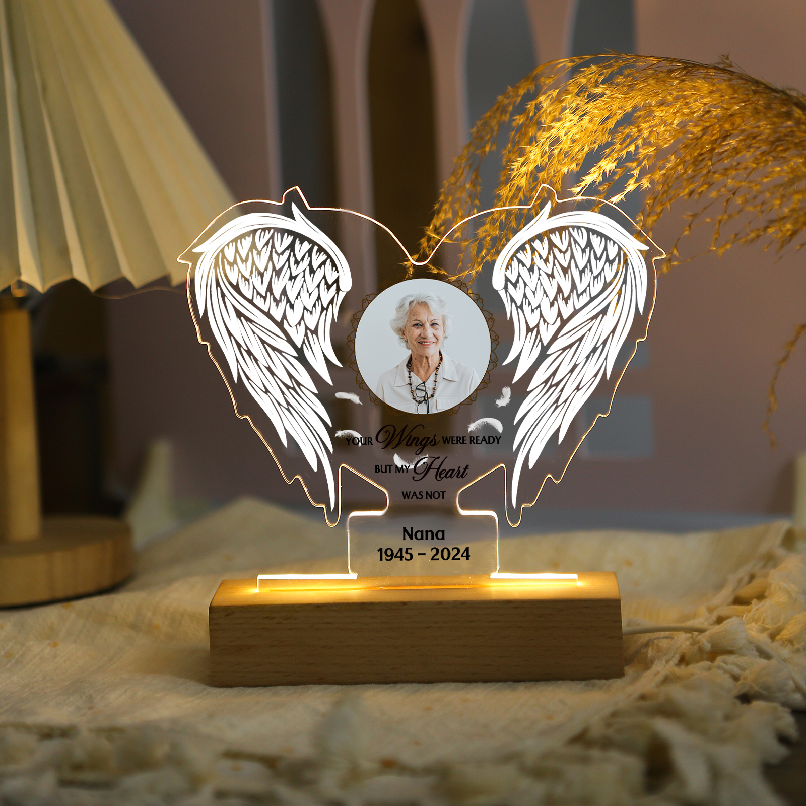 Personalised Memorial Angel Wings Acrylic Light with Custom Photo Name & Date A Unique Remembrance