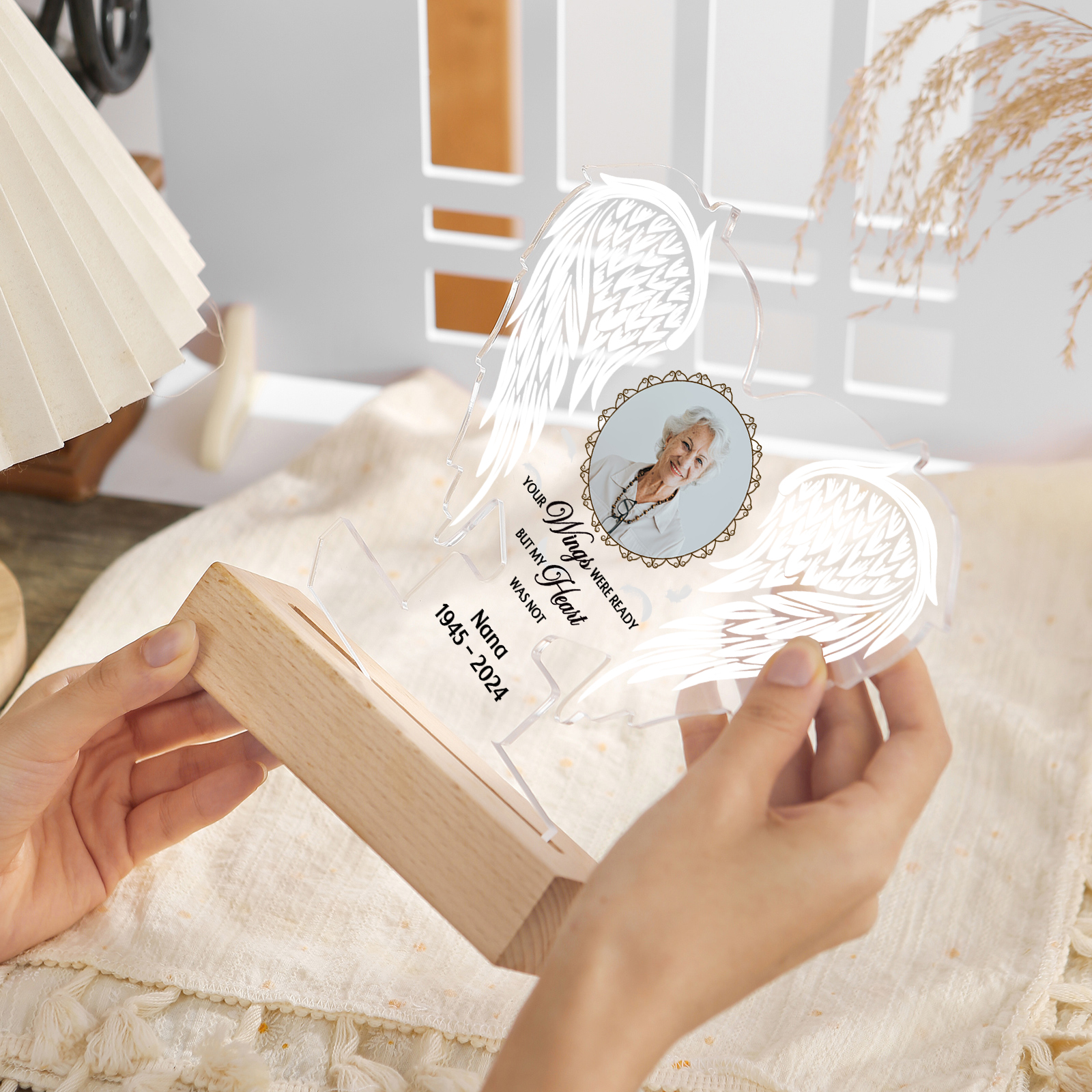 Personalised Memorial Angel Wings Acrylic LED Light with Custom Photo Name & Date A Unique Remembrance-Jessemade AU