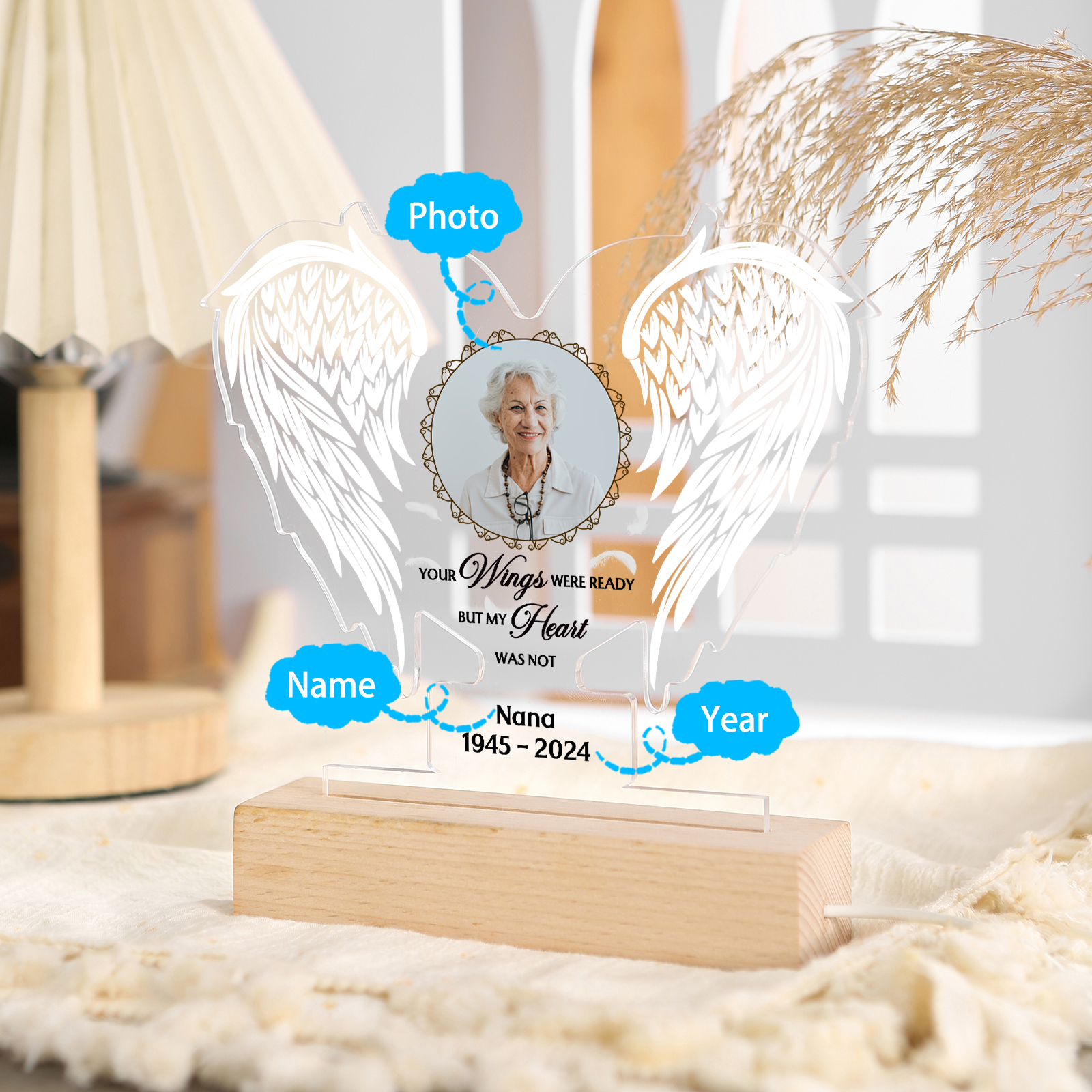 Personalised Memorial Angel Wings Acrylic Light with Custom Photo Name & Date A Unique Remembrance
