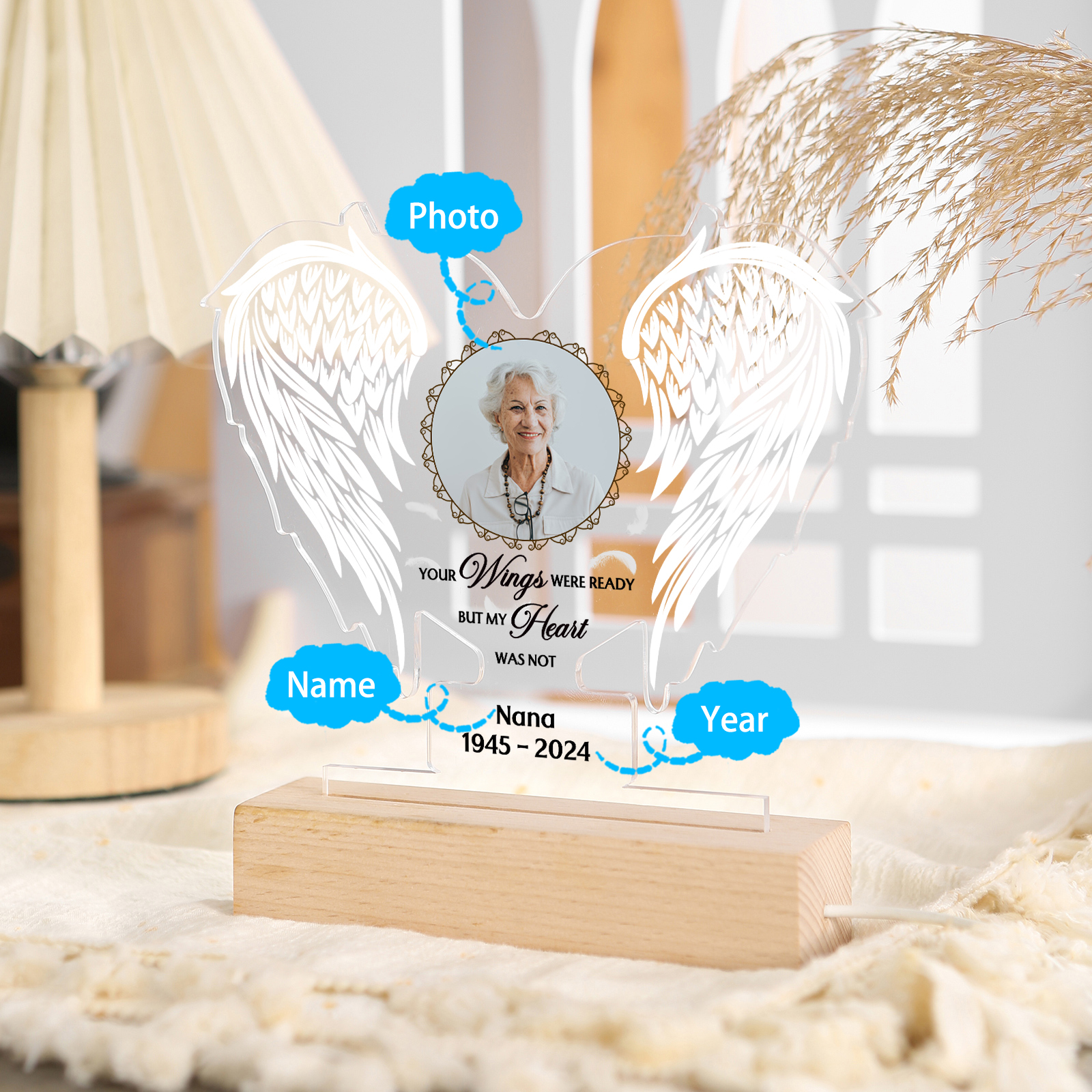 Personalised Memorial Angel Wings Acrylic LED Light with Custom Photo Name & Date A Unique Remembrance-Jessemade AU