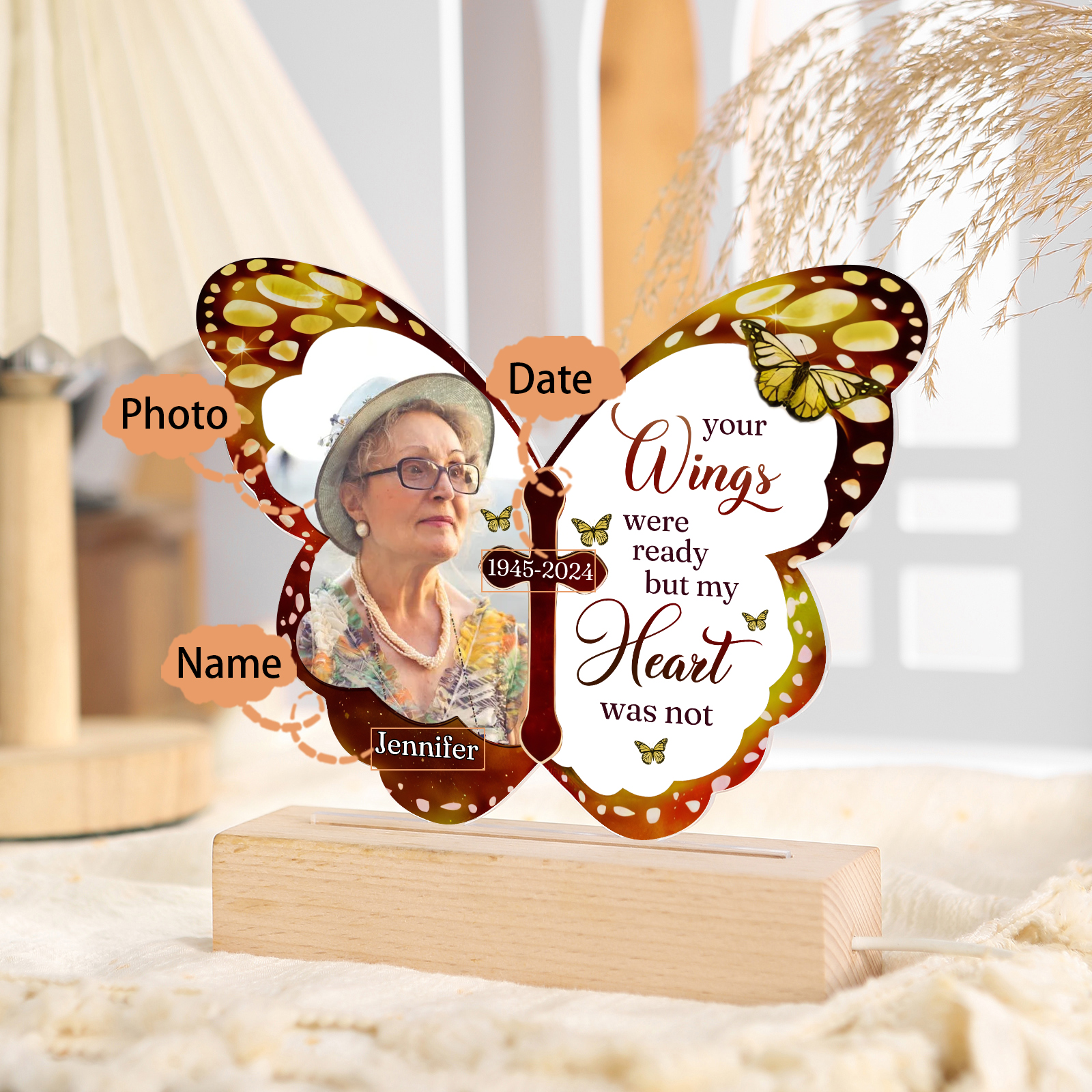 Personalised Butterfly Memorial Acrylic LED Light with Custom Photo Name & Date A Heartfelt Tribute-Jessemade AU