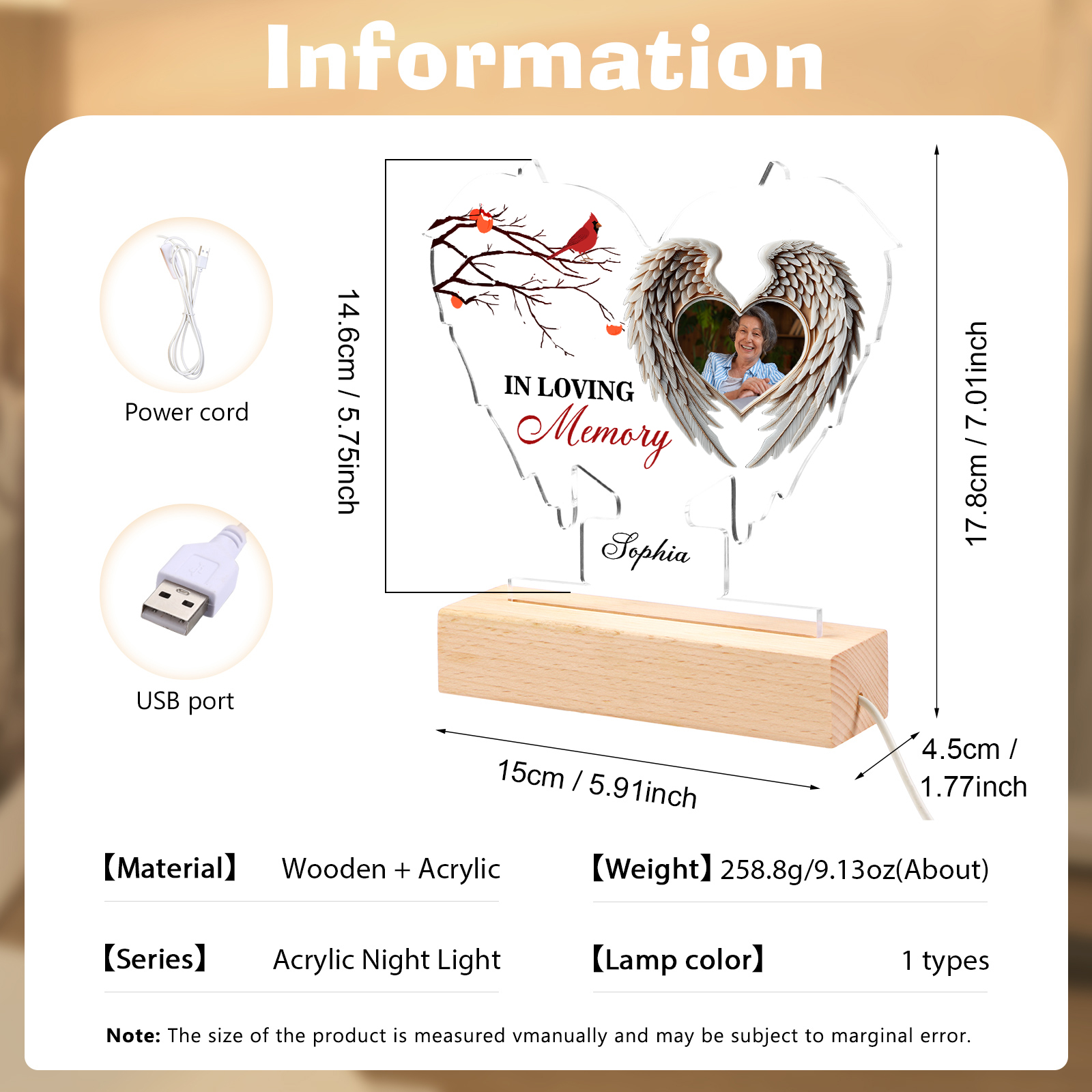 In Loving Memory Personalised Memorial Angel Wings Acrylic LED Light with Photo & Name A Unique Tribute-Jessemade AU