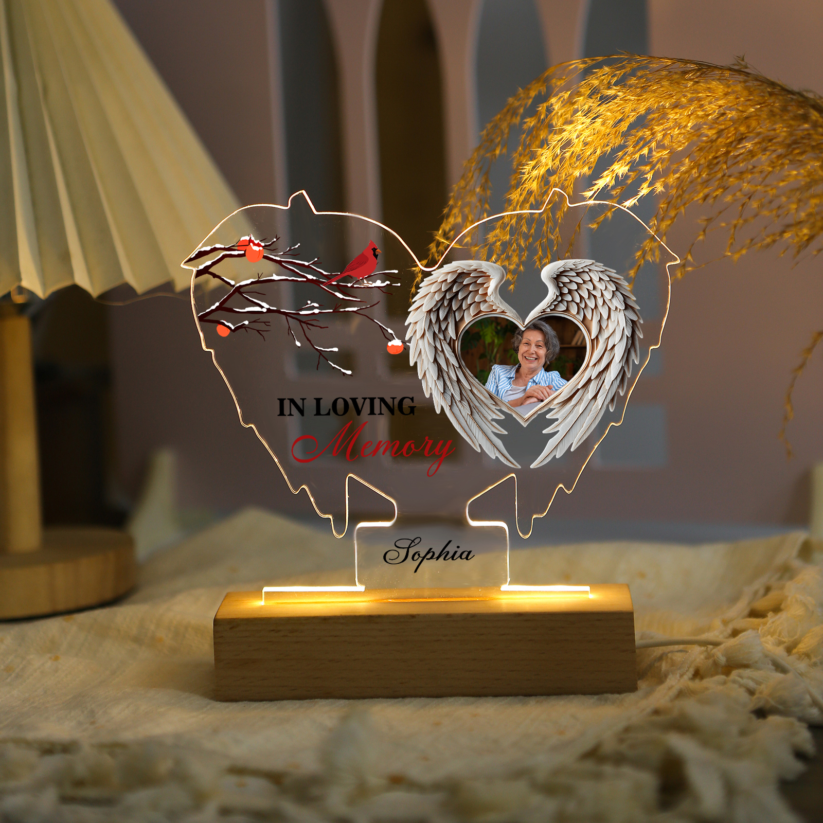 In Loving Memory Personalised Memorial Angel Wings Acrylic Light with Photo & Name A Unique Tribute