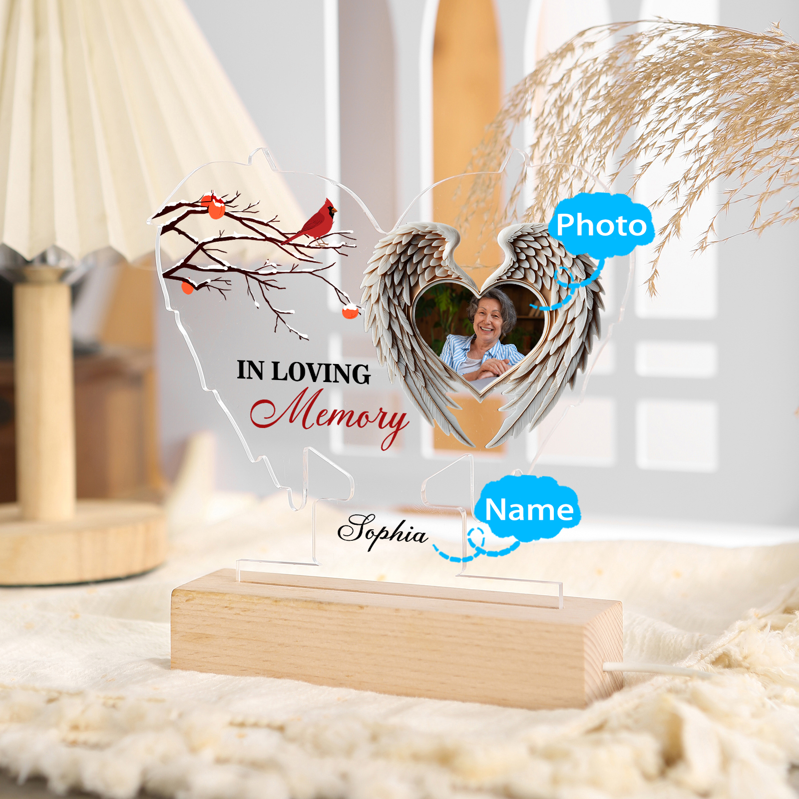 In Loving Memory Personalised Memorial Angel Wings Acrylic Light with Photo & Name A Unique Tribute