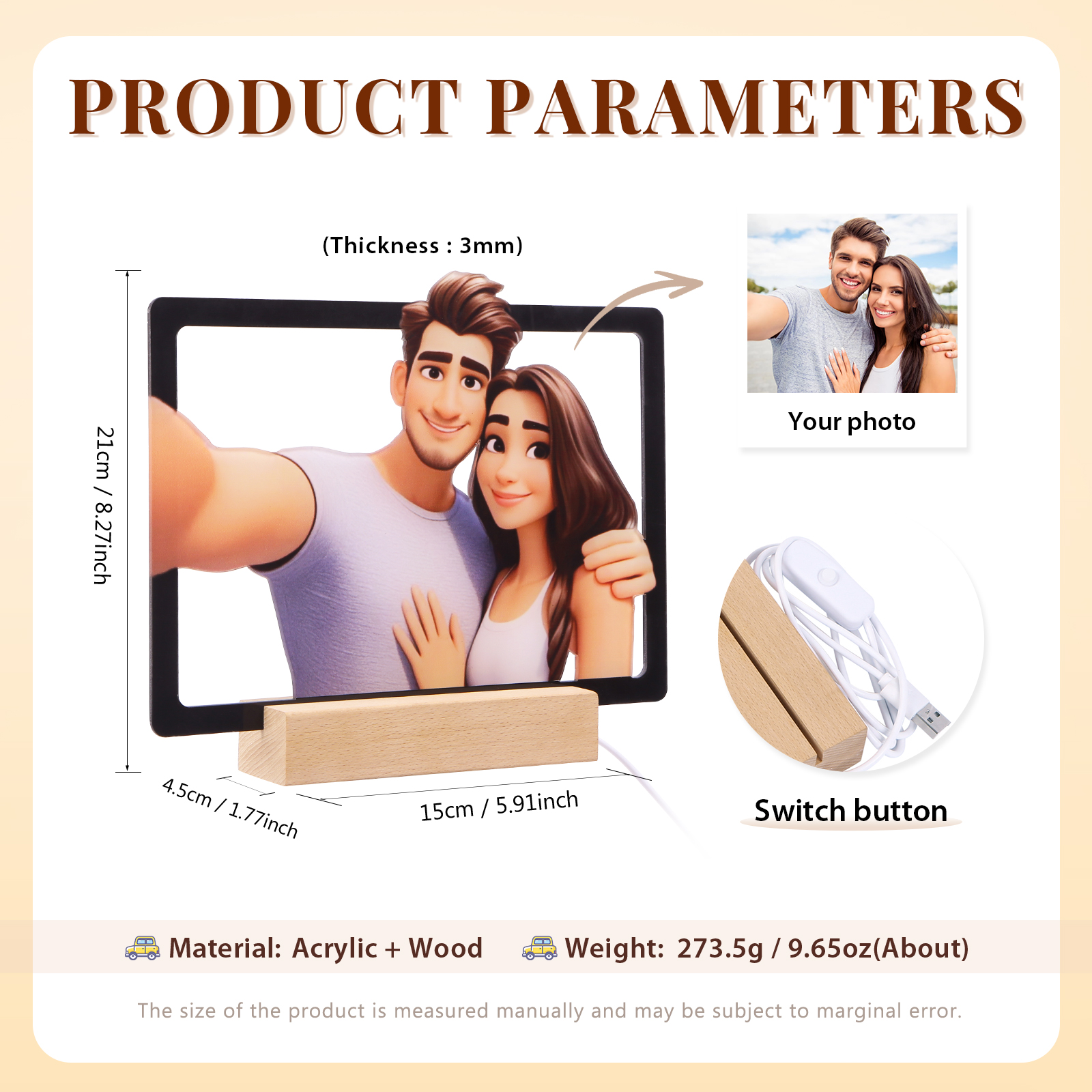 Personalised Cartoon Style Photo Acrylic Light Plaque Cute Custom Cartoon Animation Gift for Couple