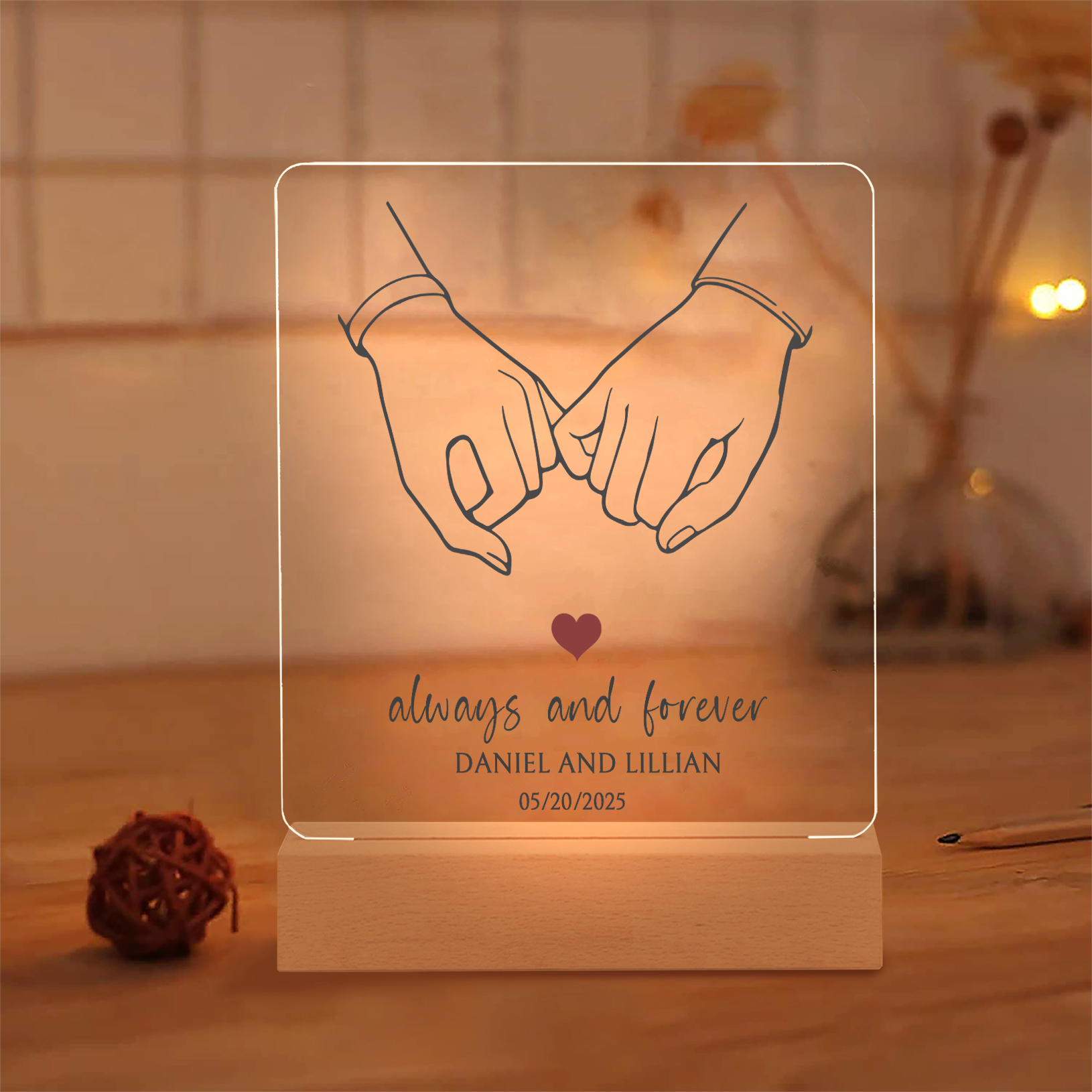 Personalised LED Acrylic Plaque Always and Forever Pinky Promise Gift for Couple
