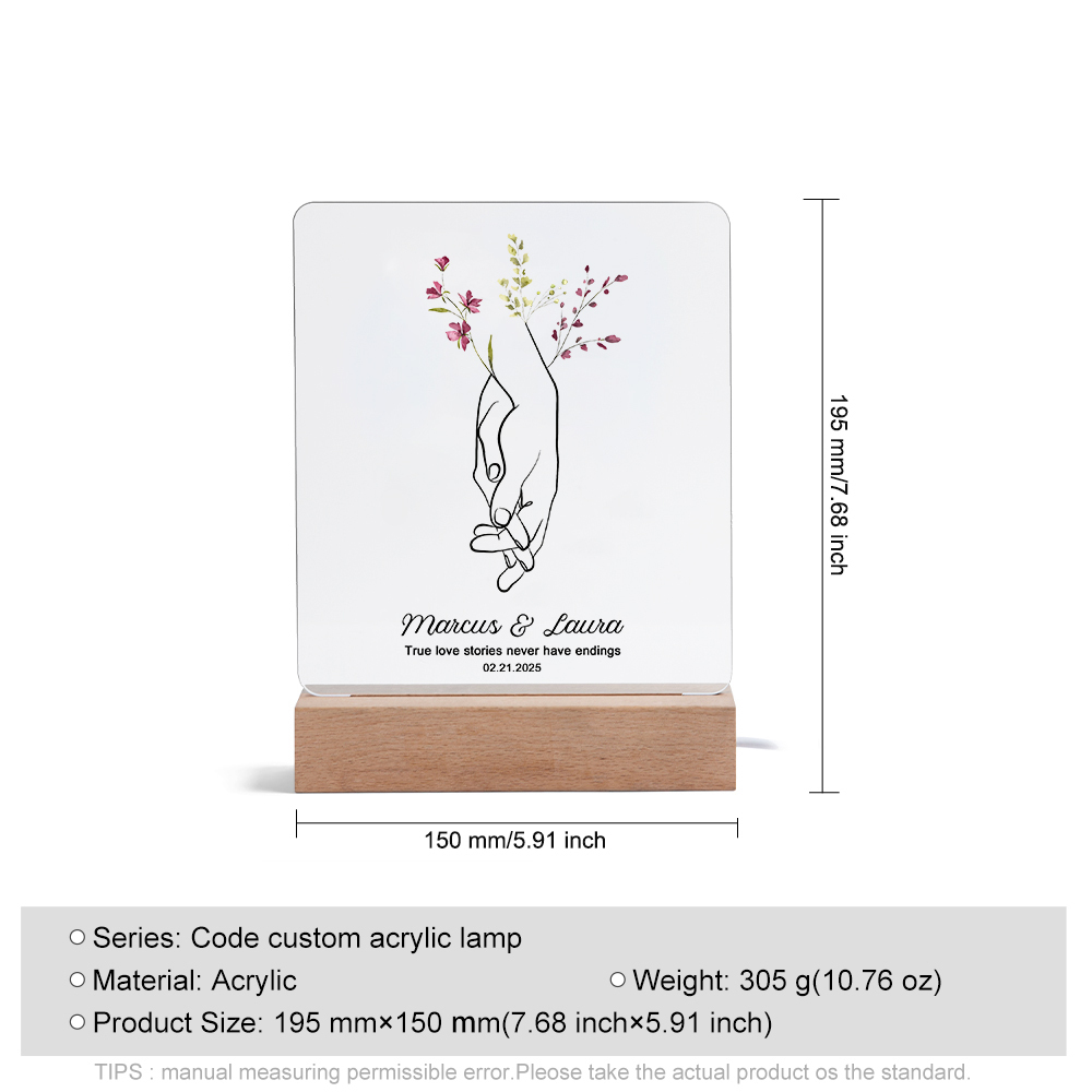 Personalised LED Acrylic Plaque Holding Hands Gift for Couple
