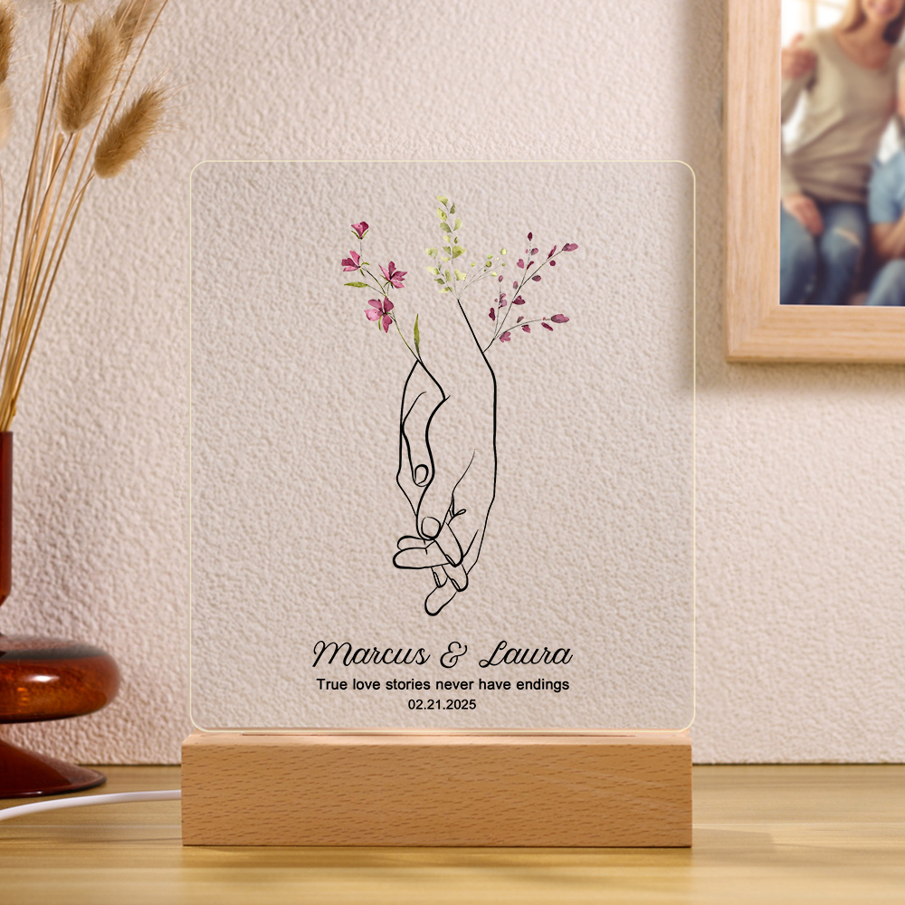 Personalised LED Acrylic Plaque Holding Hands Gift for Couple