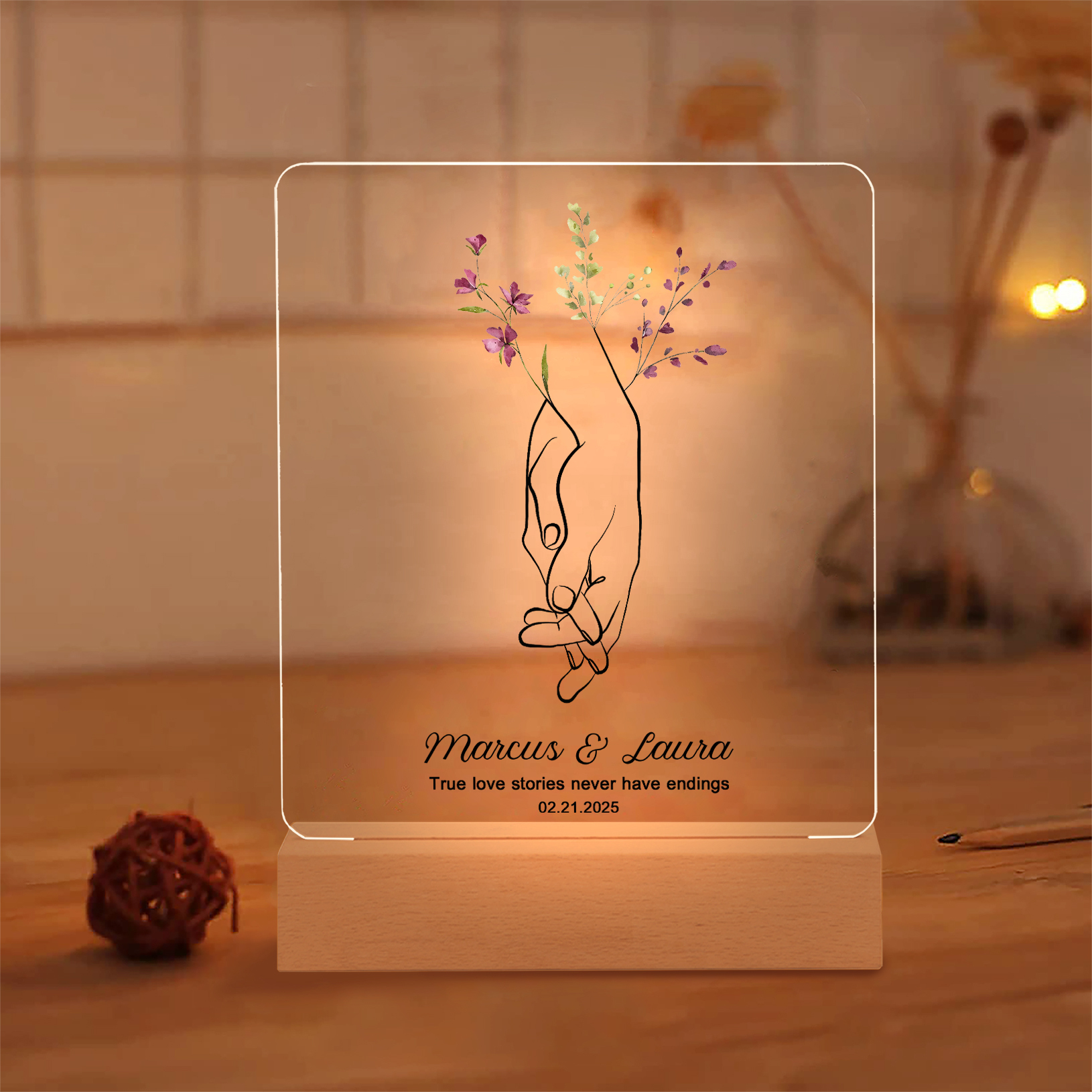 Personalised LED Acrylic Plaque Holding Hands Gift for Couple