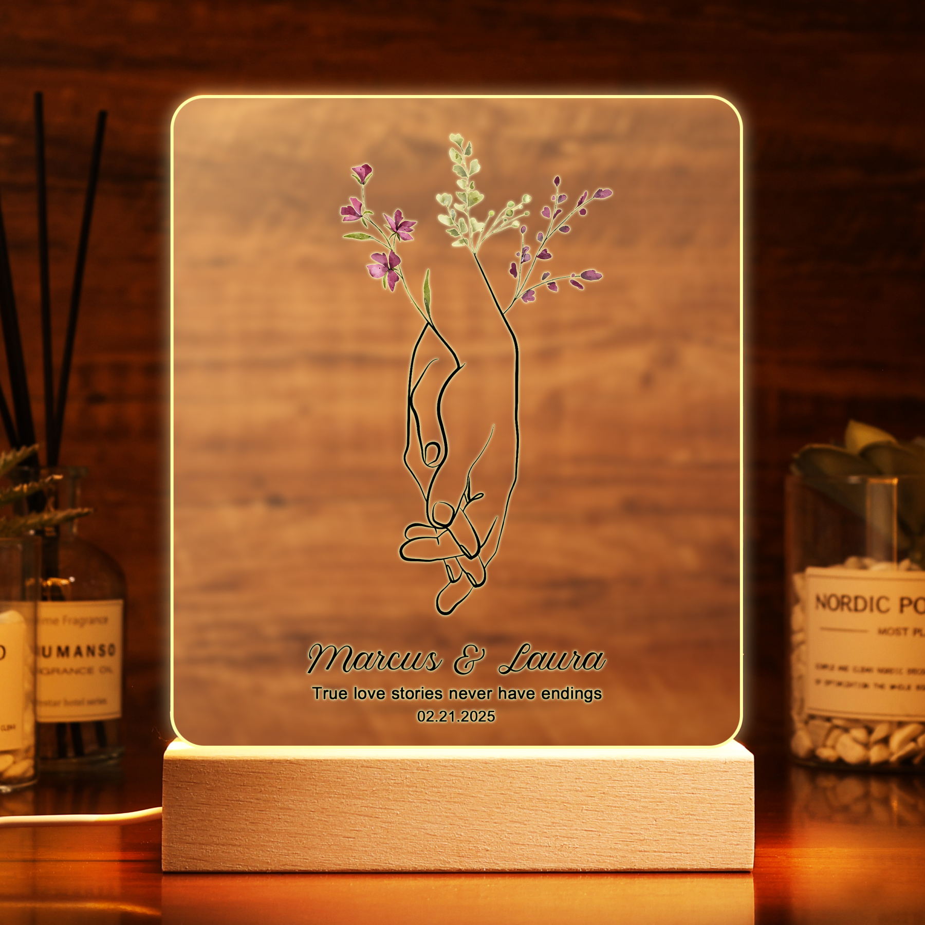 Personalised LED Acrylic Plaque Holding Hands Gift for Couple