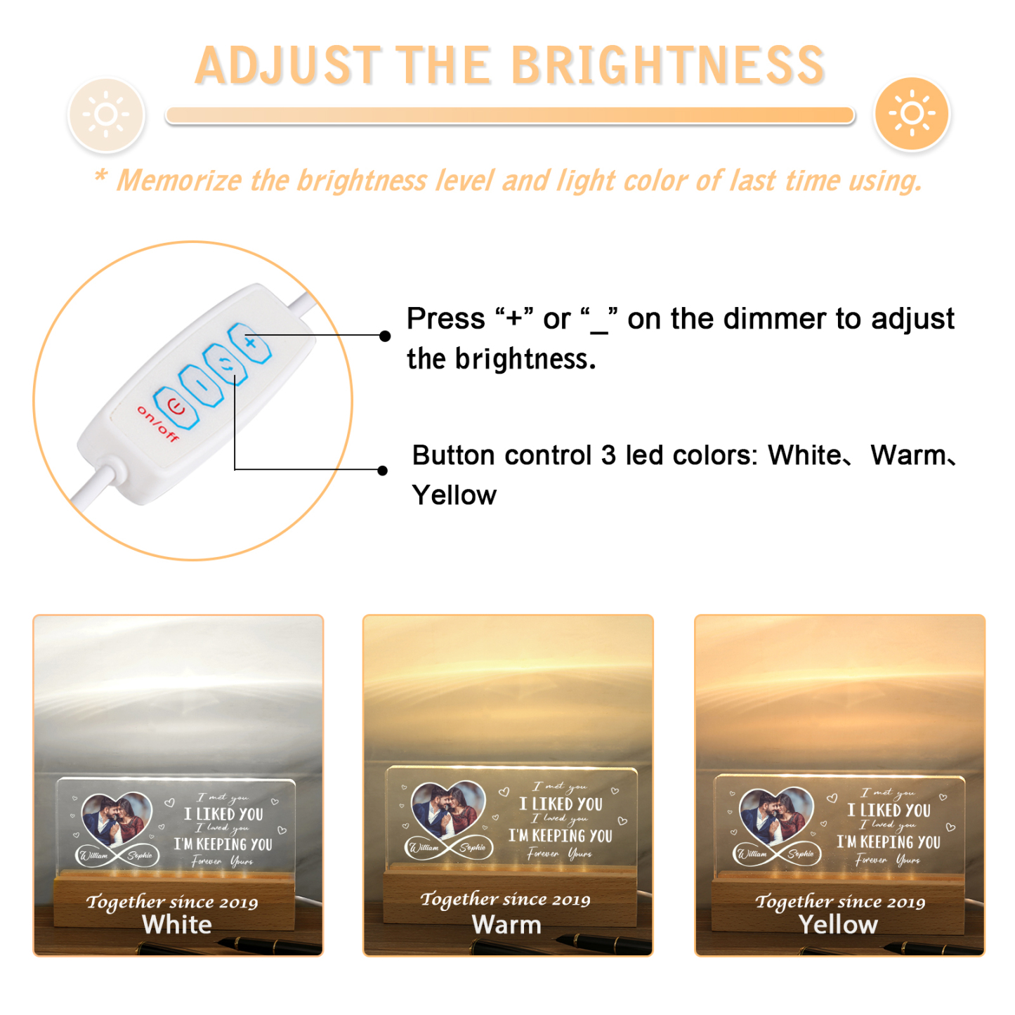 LED Personalised Photo Lights Bedside Lamp with 2 Names & Year Valentine’s Day Gift for Couples