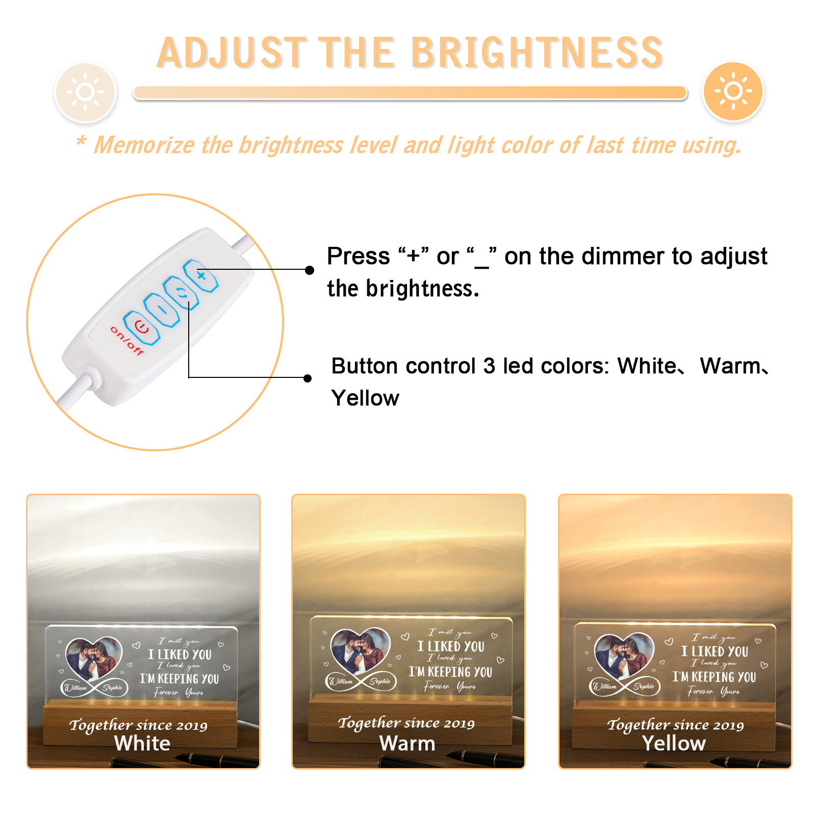 LED Personalised Photo Lights Bedside Lamp with 2 Names & Year Valentine’s Day Gift for Couples