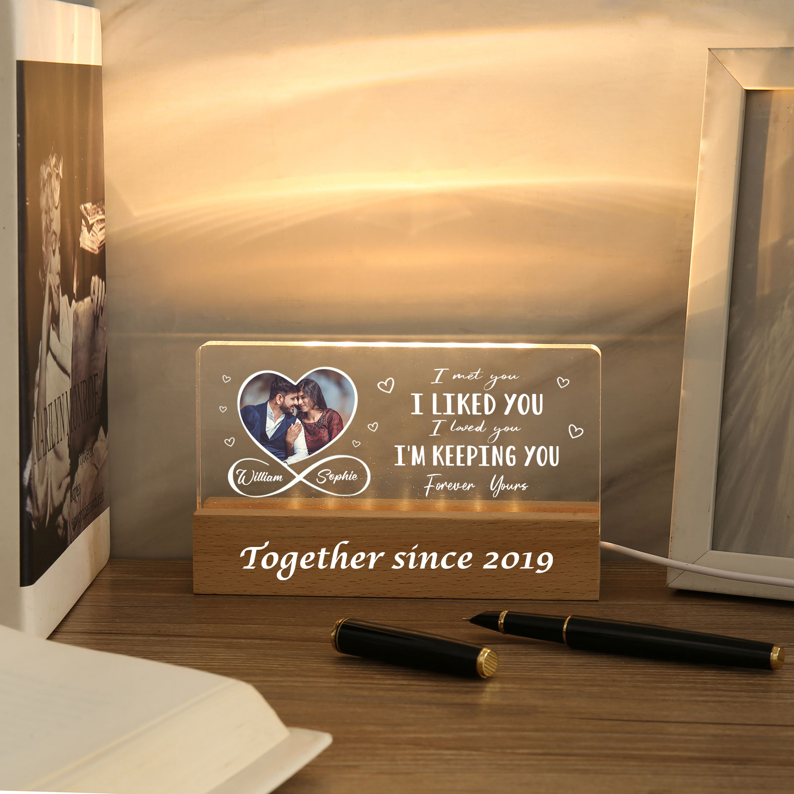 LED Personalised Photo Lights Bedside Lamp with 2 Names & Year Valentine’s Day Gift for Couples