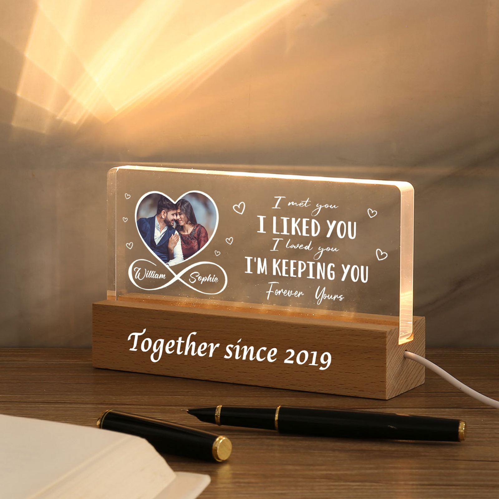 LED Personalised Photo Lights Bedside Lamp with 2 Names & Year Valentine’s Day Gift for Couples
