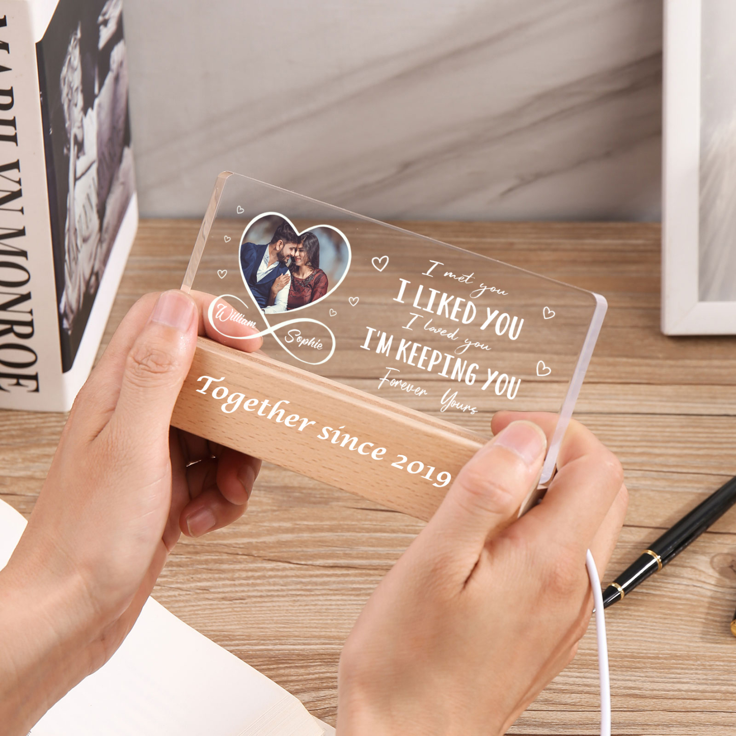 LED Personalised Photo Lights Bedside Lamp with 2 Names & Year Valentine’s Day Gift for Couples