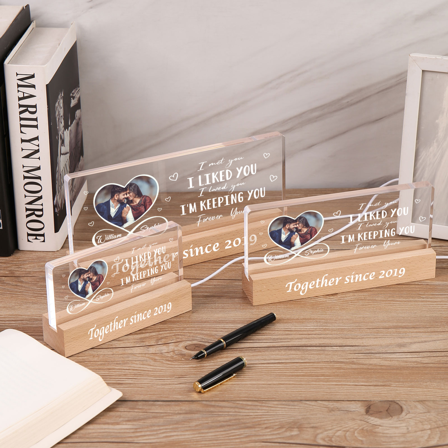 LED Personalised Photo Lights Bedside Lamp with 2 Names & Year Valentine’s Day Gift for Couples