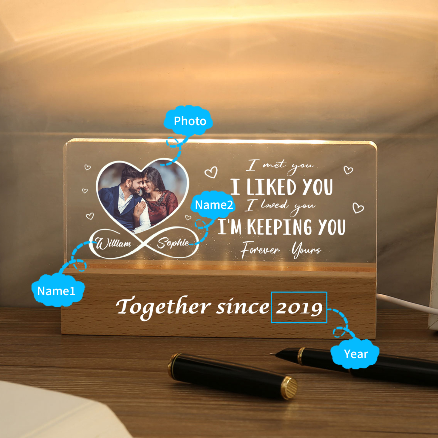 LED Personalised Photo Lights Bedside Lamp with 2 Names & Year Valentine’s Day Gift for Couples