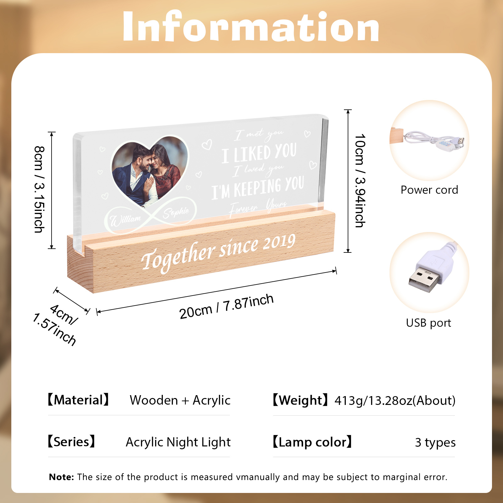 LED Personalised Photo Lights Bedside Lamp with 2 Names & Year Valenti