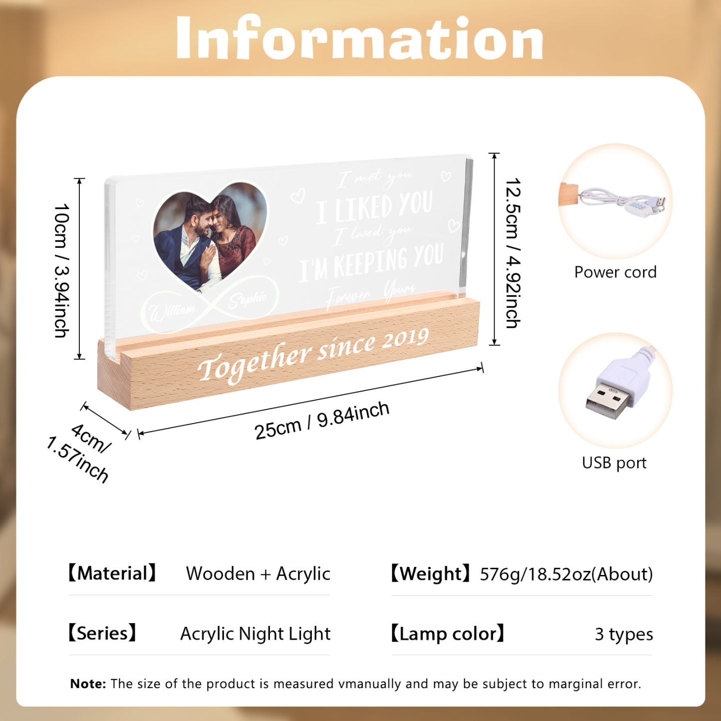 LED Personalised Photo Lights Bedside Lamp with 2 Names & Year Valentine’s Day Gift for Couples